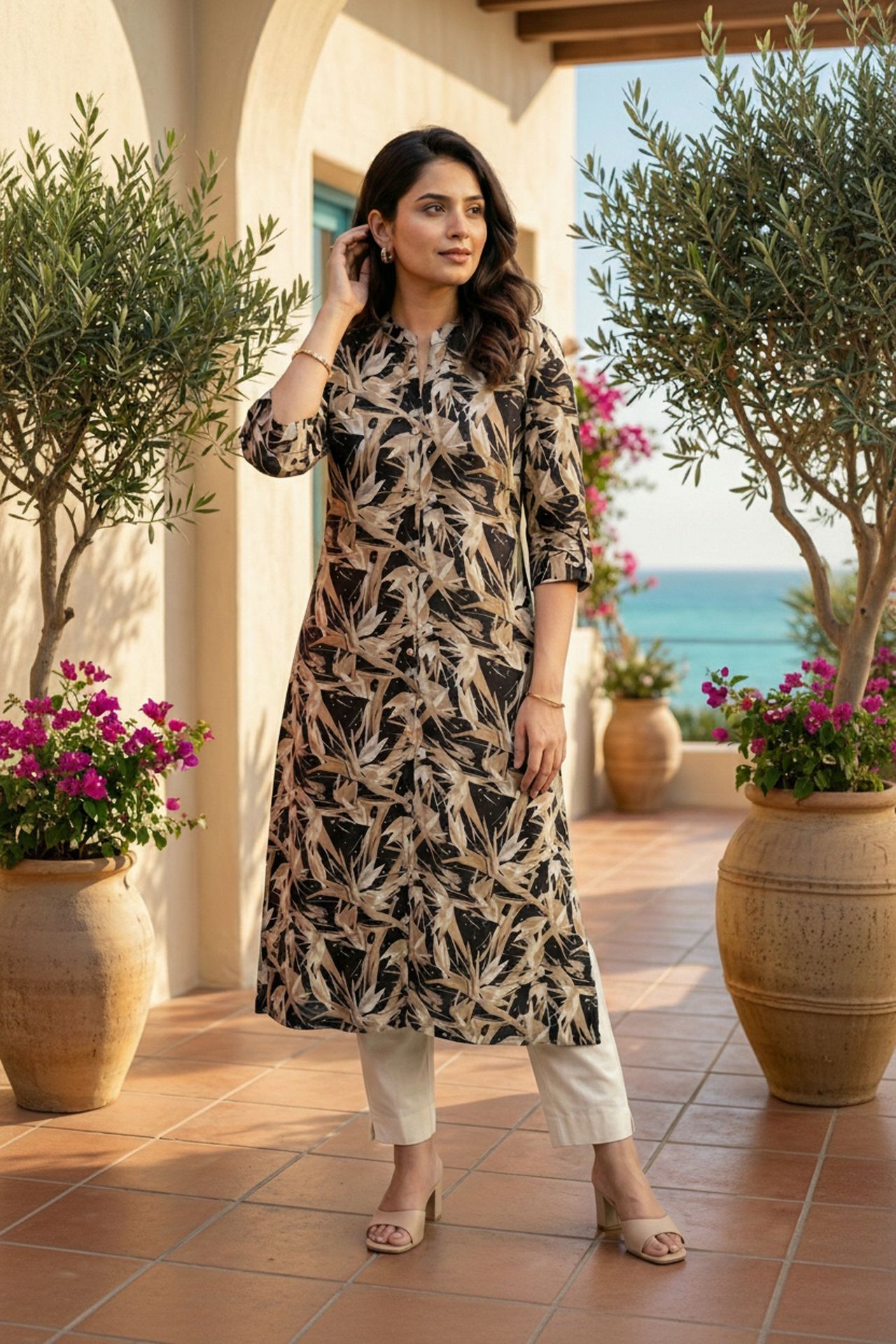 Modern Printed Long Kurti With 3/4 Sleeves