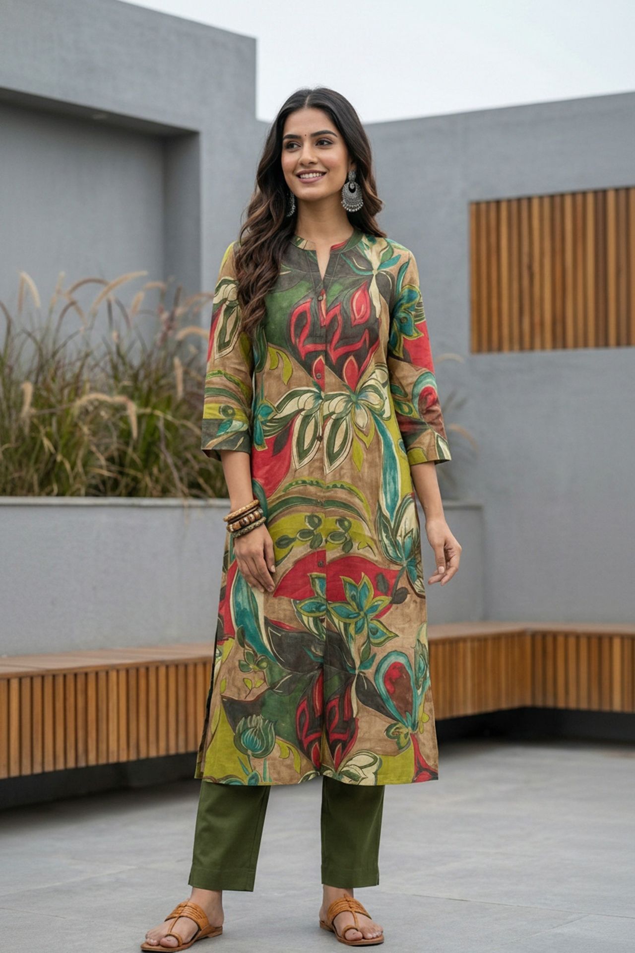 Vibrant Green Artistic Design Cotton Long Kurti