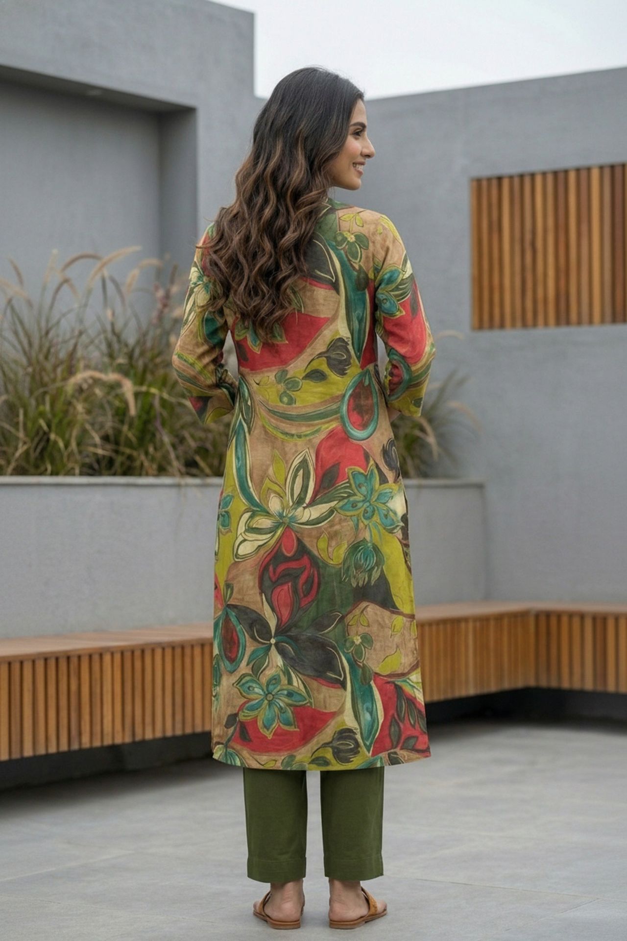 Vibrant Green Artistic Design Cotton Long Kurti image 2