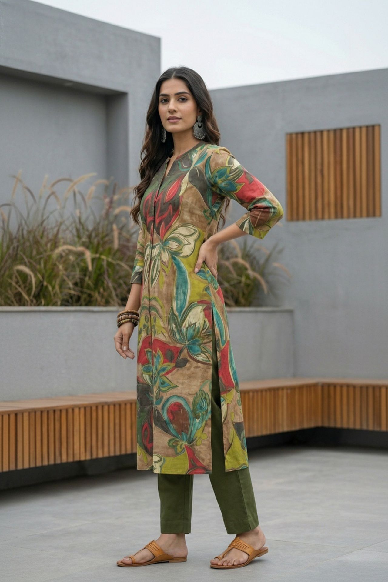 Vibrant Green Artistic Design Cotton Long Kurti image 3