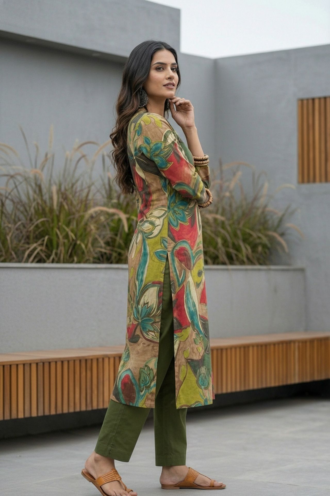 Vibrant Green Artistic Design Cotton Long Kurti image 4