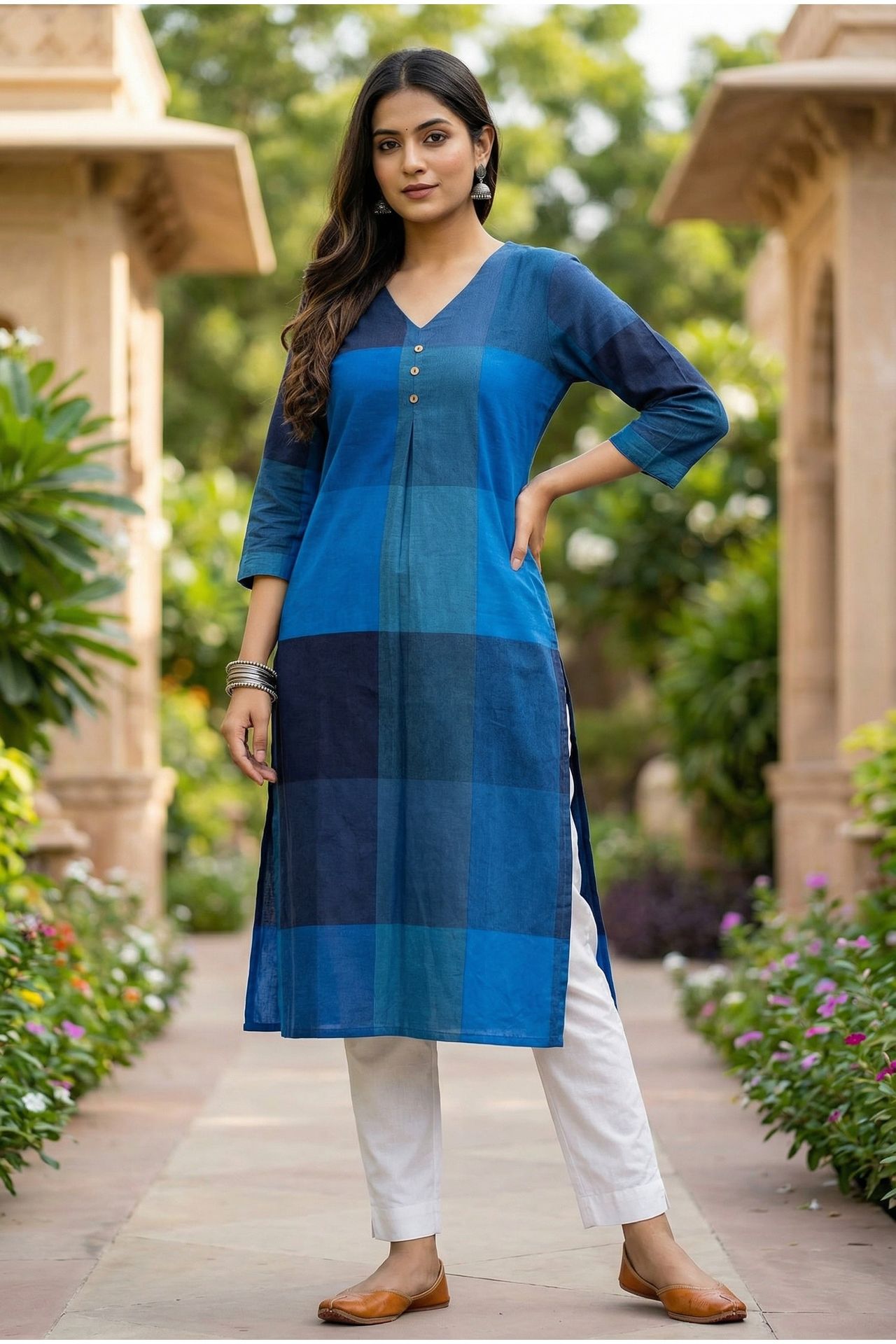 Blue Patterned Cotton Work Long Kurti