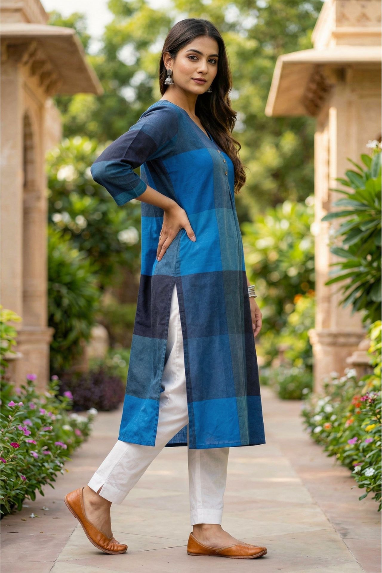 Blue Patterned Cotton Work Long Kurti image 2