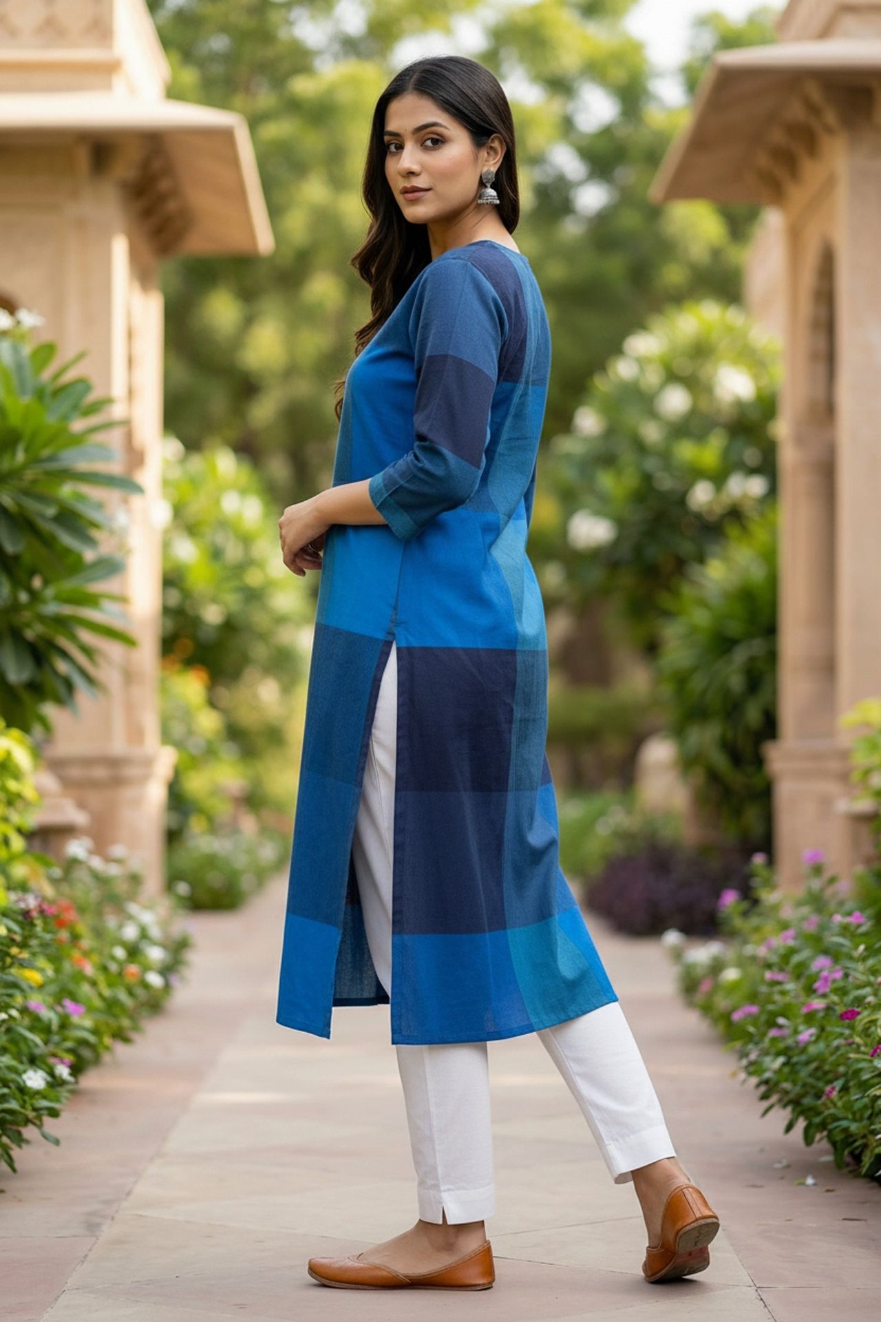 Blue Patterned Cotton Work Long Kurti image 3