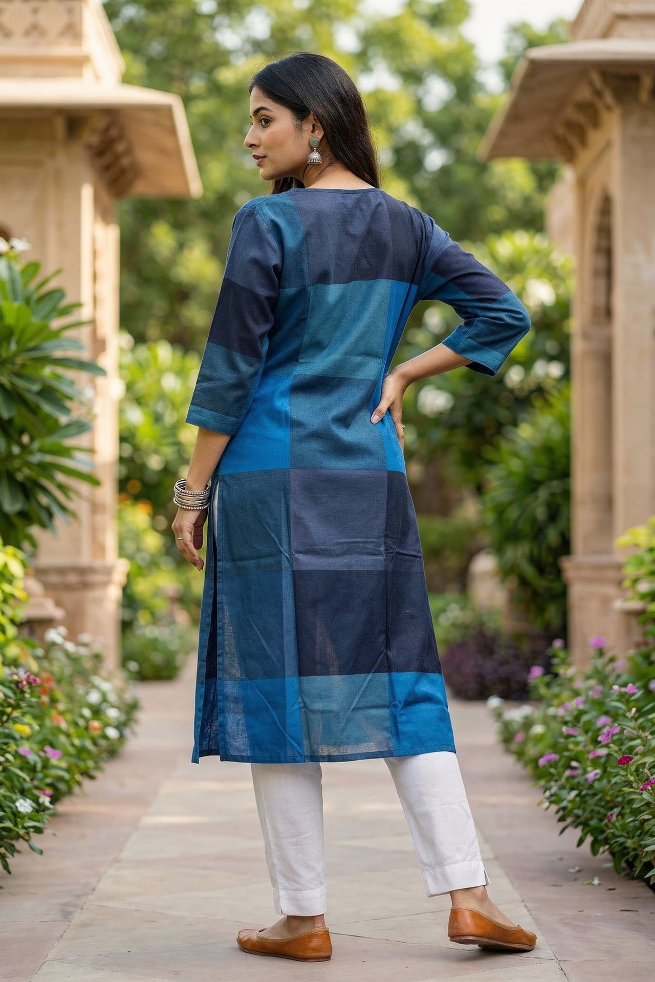Blue Patterned Cotton Work Long Kurti image 4