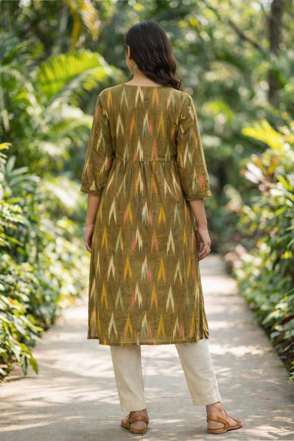 Greenish Yellow Multicolor Patterned Long Kurti image 2