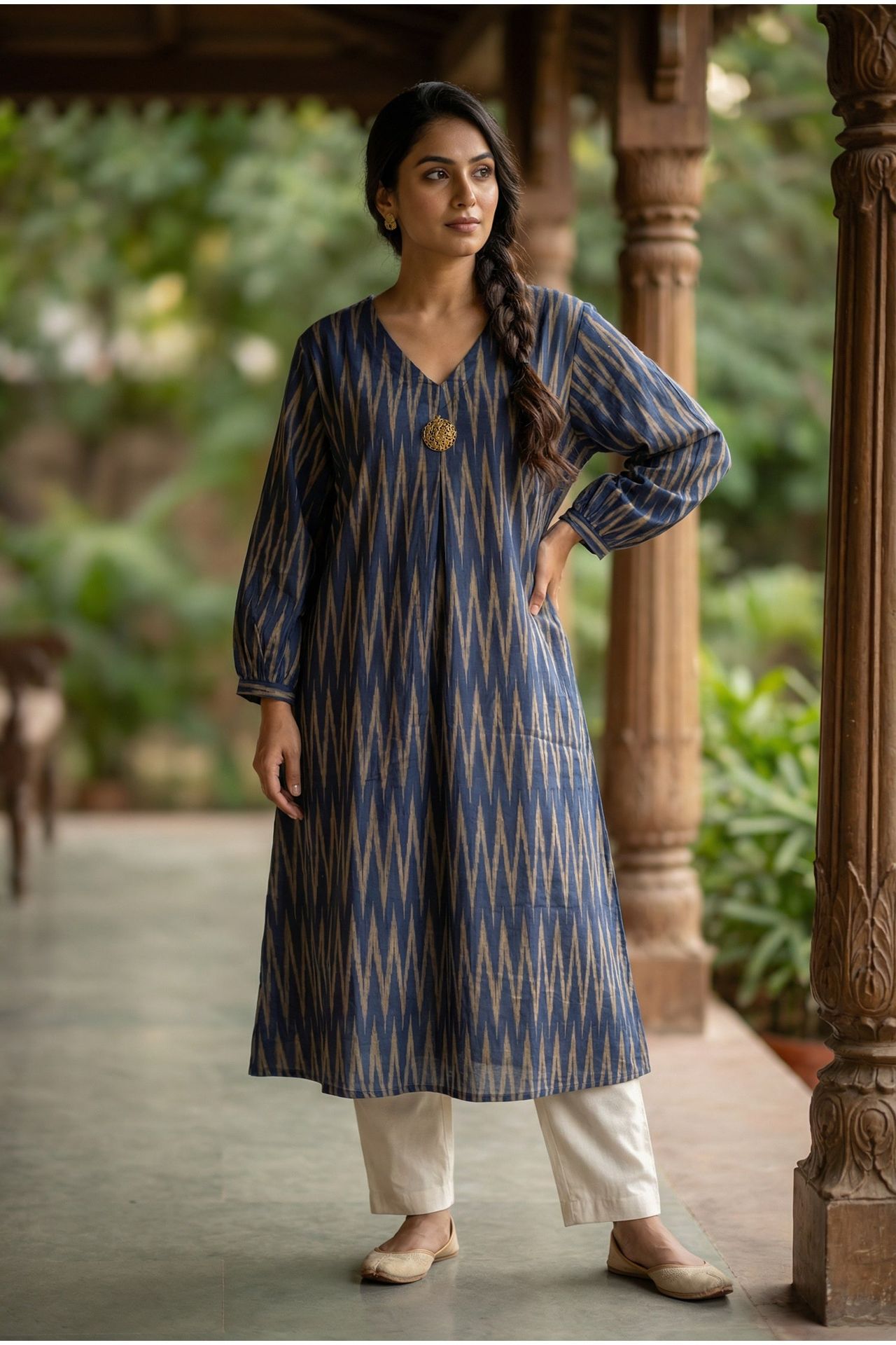 Dark Blue Zigzag Linework Cotton Long Kurti