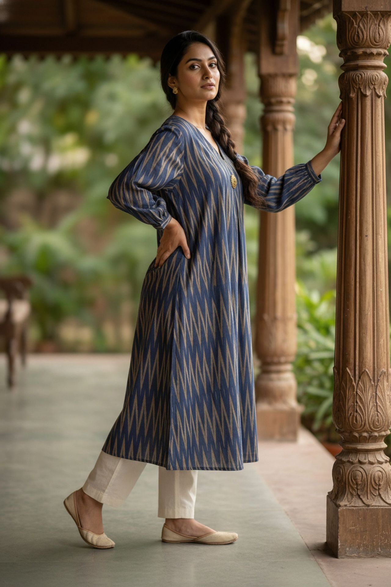 Dark Blue Zigzag Linework Cotton Long Kurti image 2
