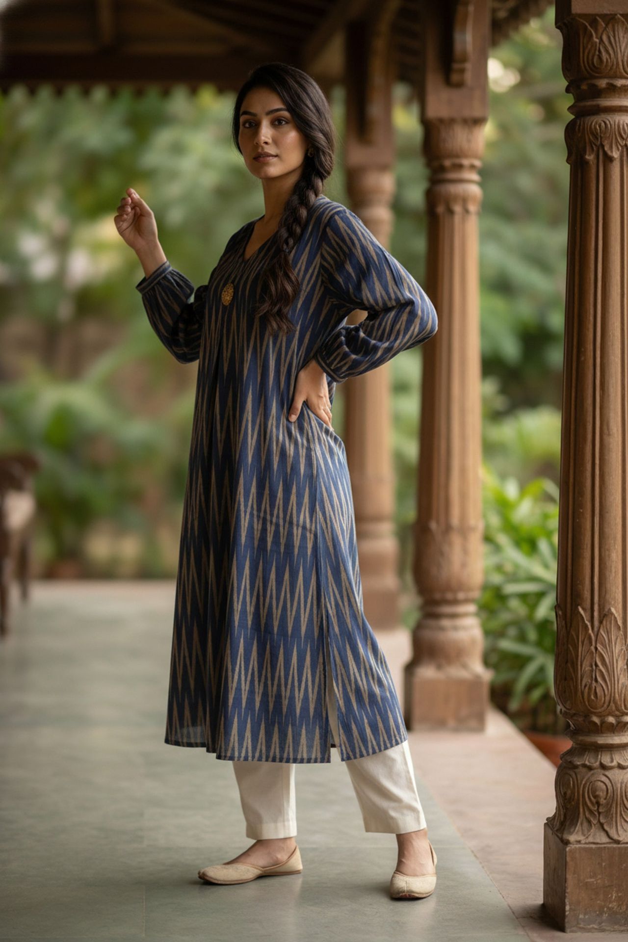 Dark Blue Zigzag Linework Cotton Long Kurti image 3