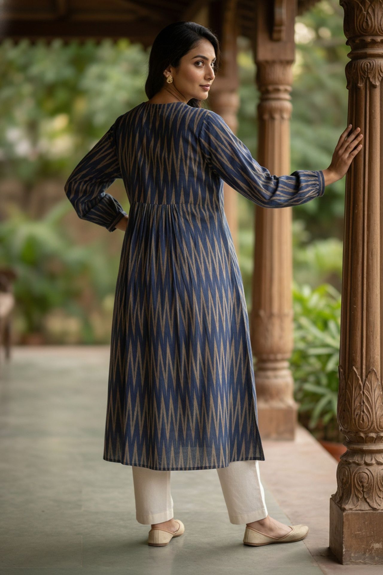 Dark Blue Zigzag Linework Cotton Long Kurti image 4