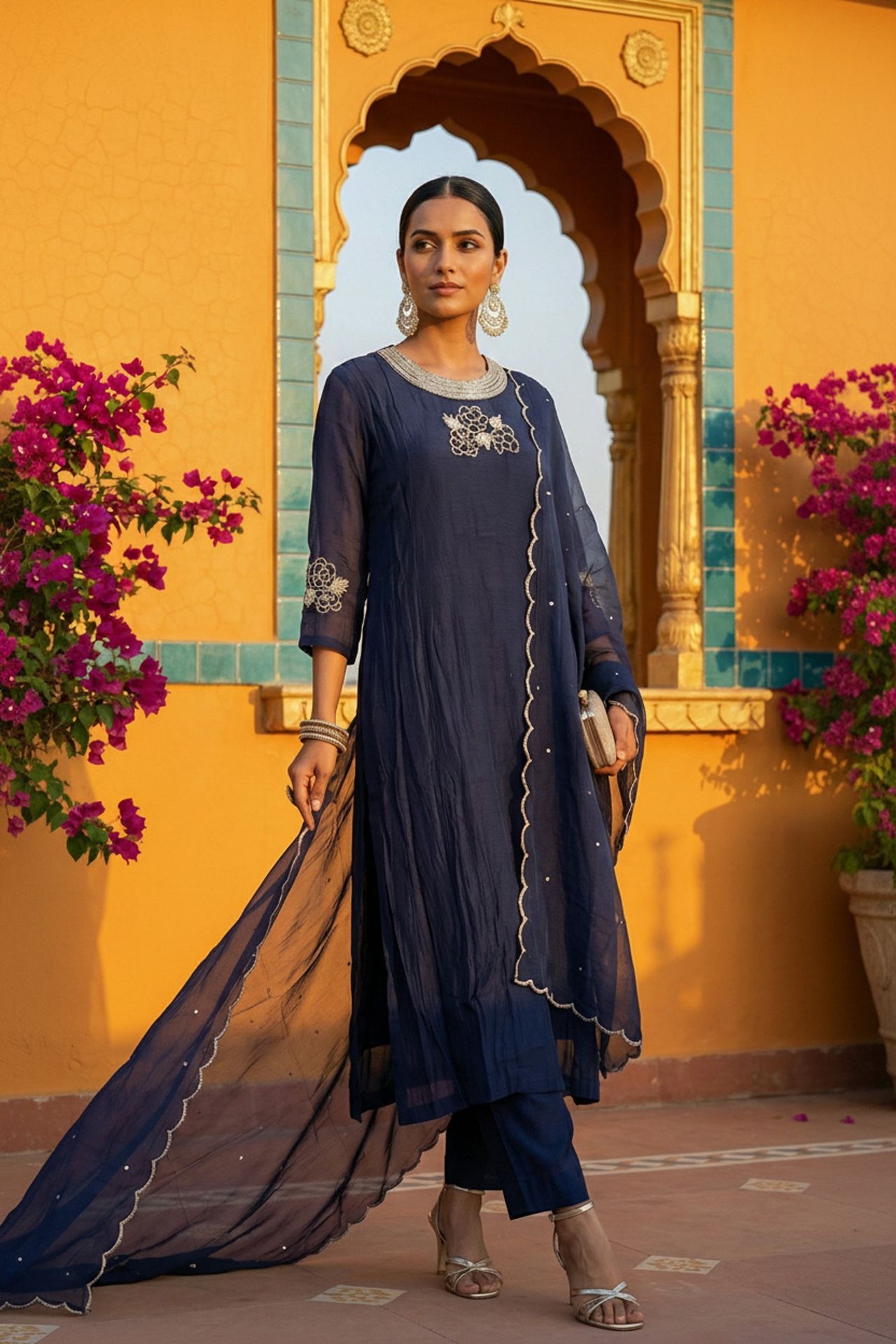 Blue Embroidered Three Piece Suit Set