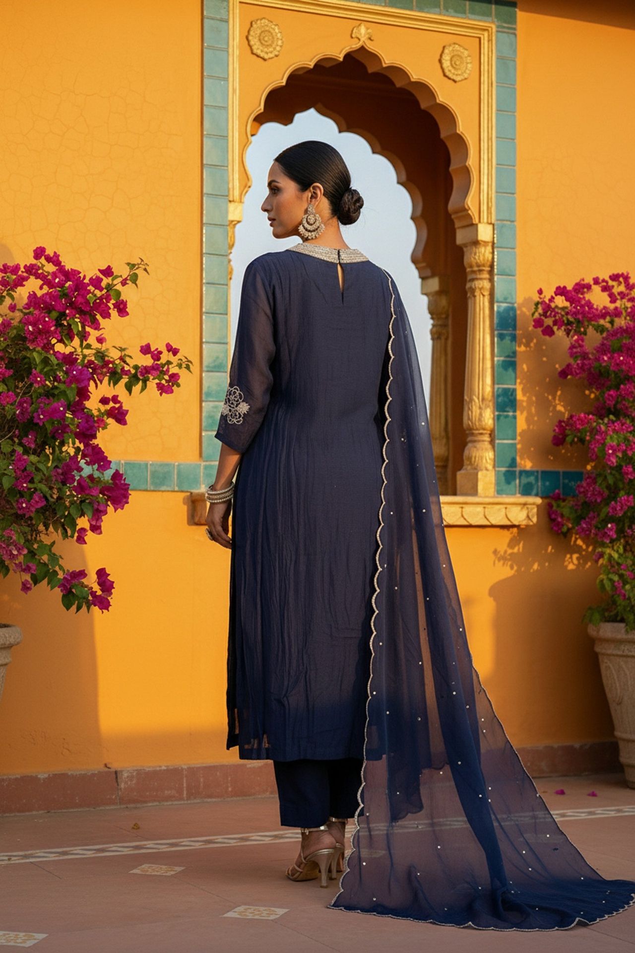 Blue Embroidered Three Piece Suit Set image 2