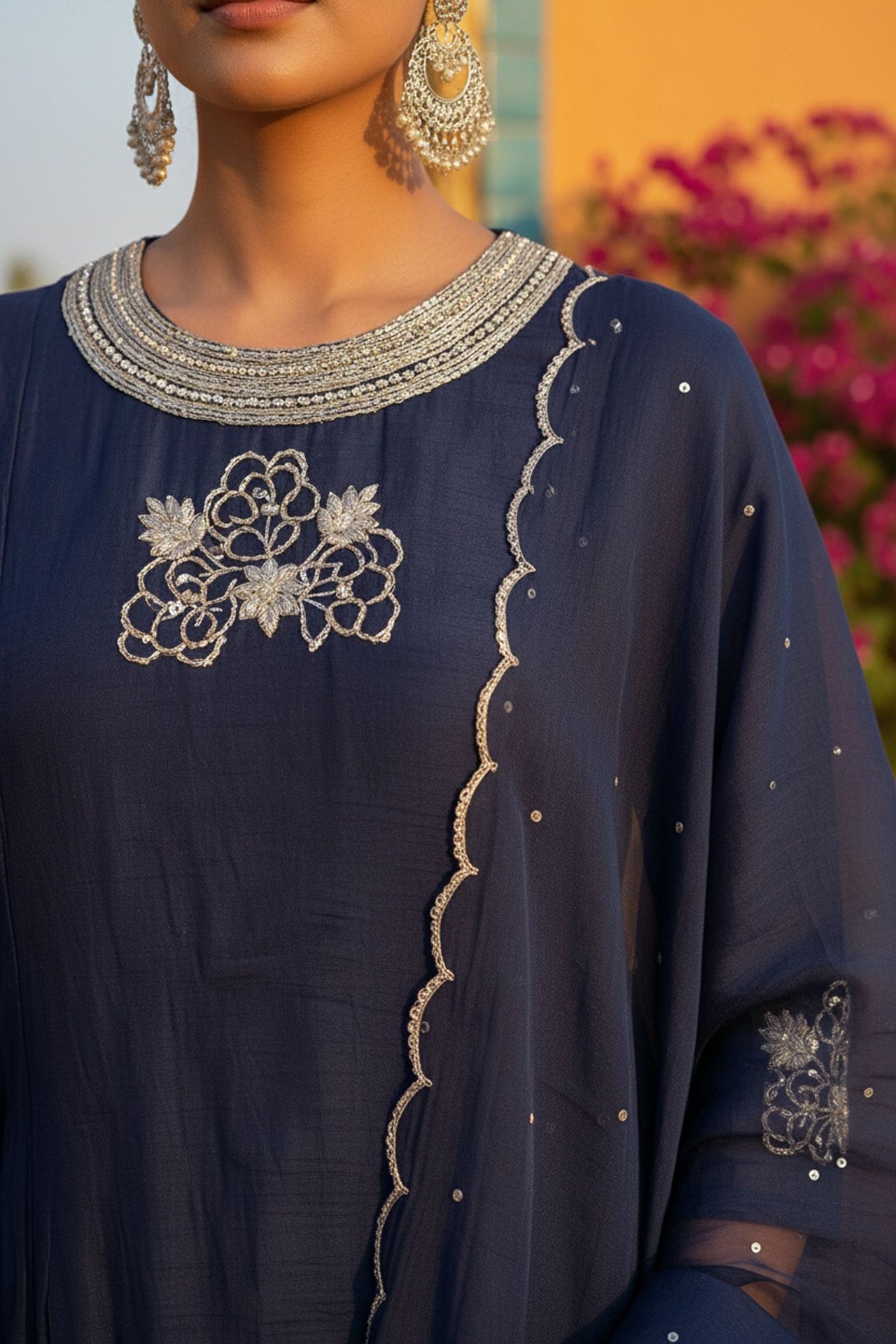 Blue Embroidered Three Piece Suit Set image 3