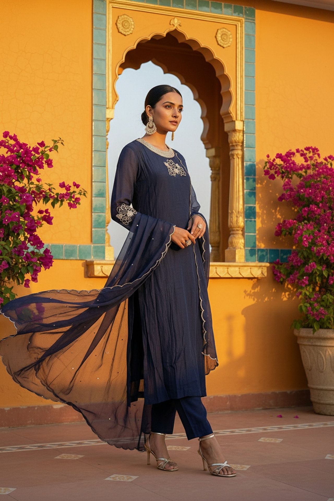 Blue Embroidered Three Piece Suit Set image 4