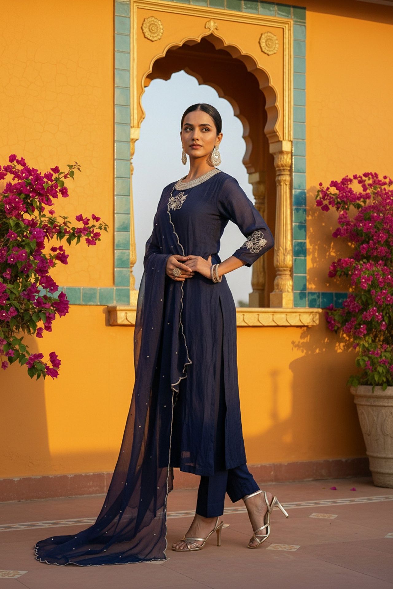 Blue Embroidered Three Piece Suit Set image 5