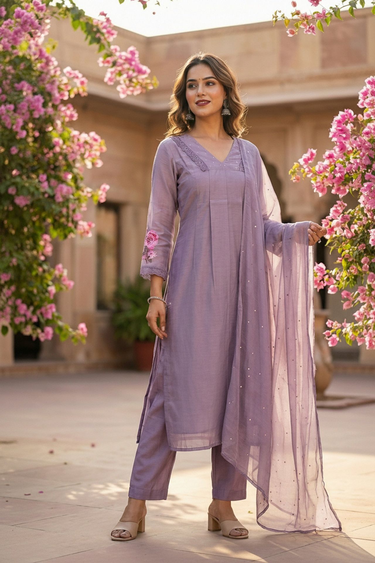 Pastel Lilac Cotton Three Piece