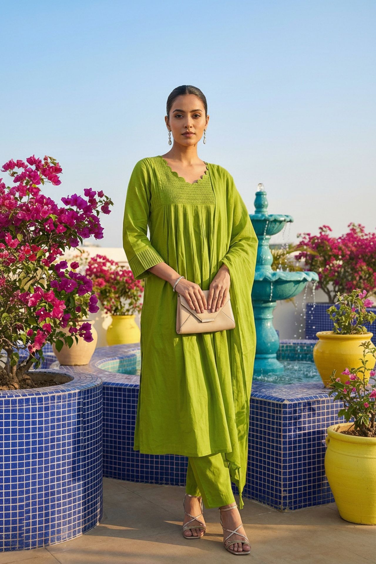 Green Mul Cotton Three Piece With Minimal Embroidery