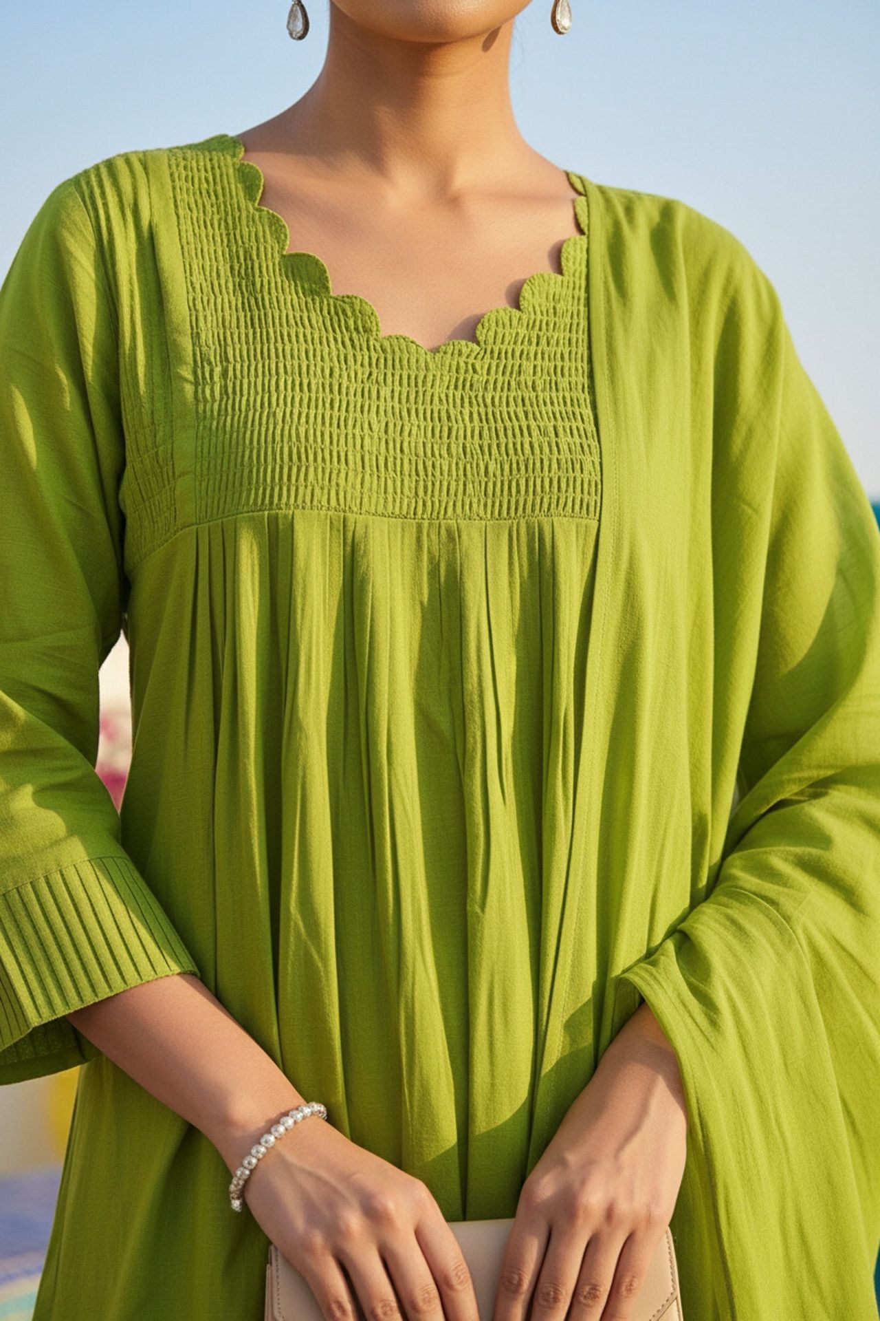 Green Mul Cotton Three Piece With Minimal Embroidery image 3