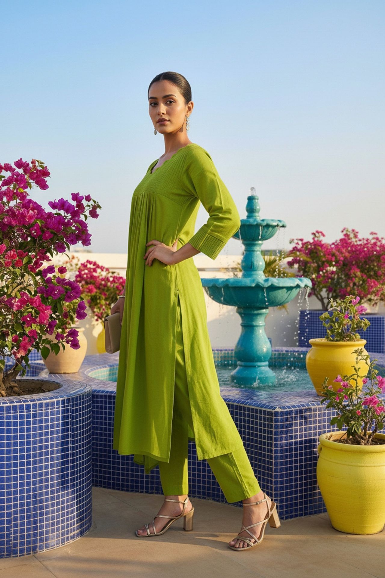 Green Mul Cotton Three Piece With Minimal Embroidery image 4