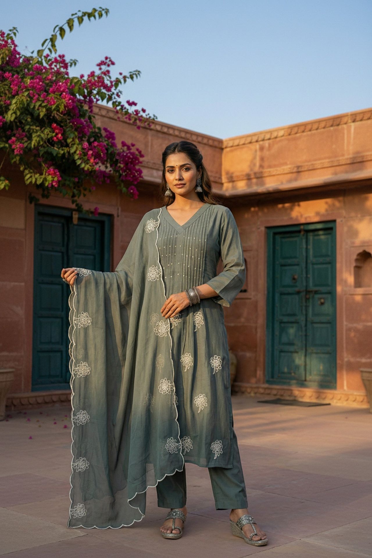 Bottle Green Mul Cotton Three Piece With Minimal Print