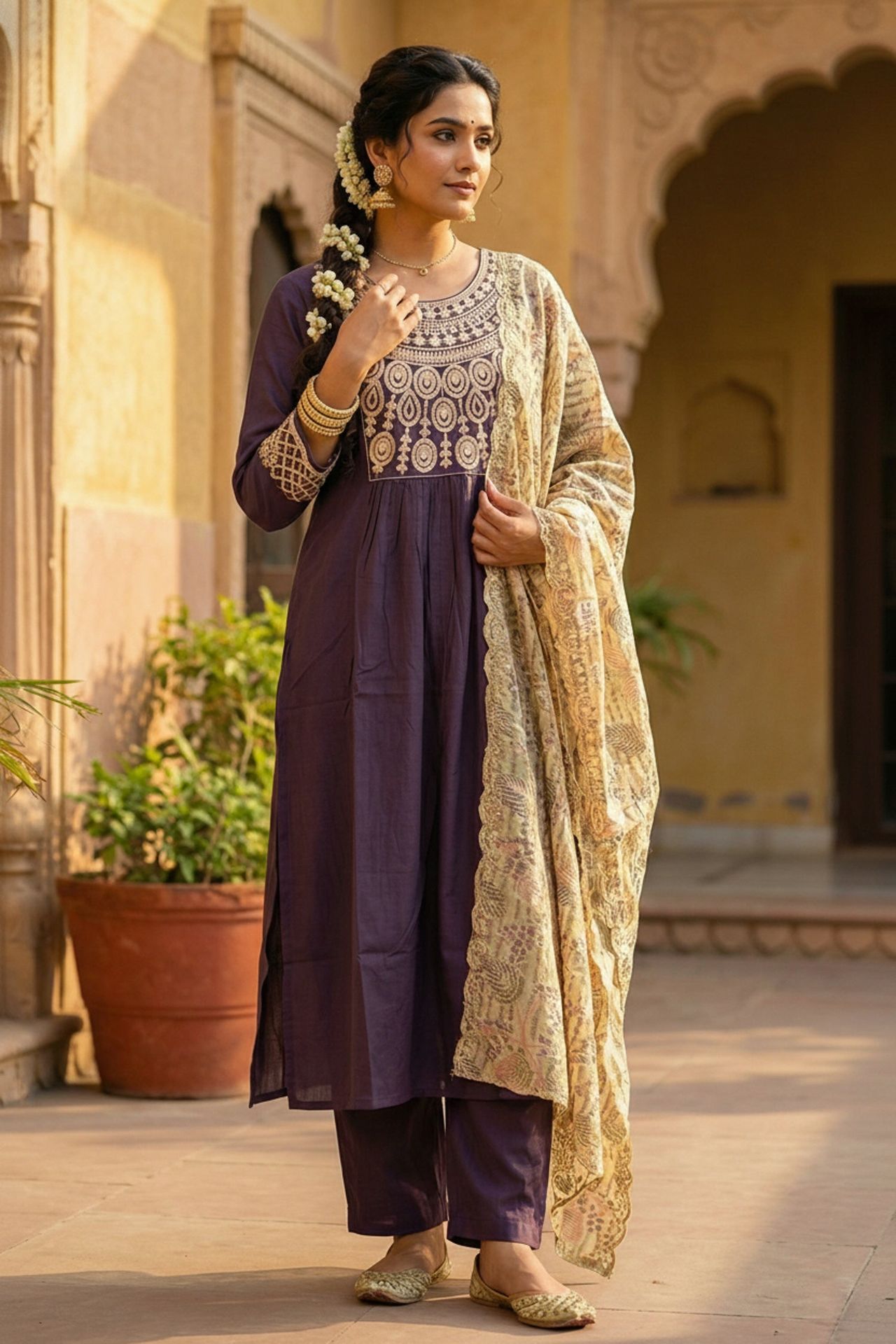 Lavender Embroidered Kurta Set With Tissue Dupatta
