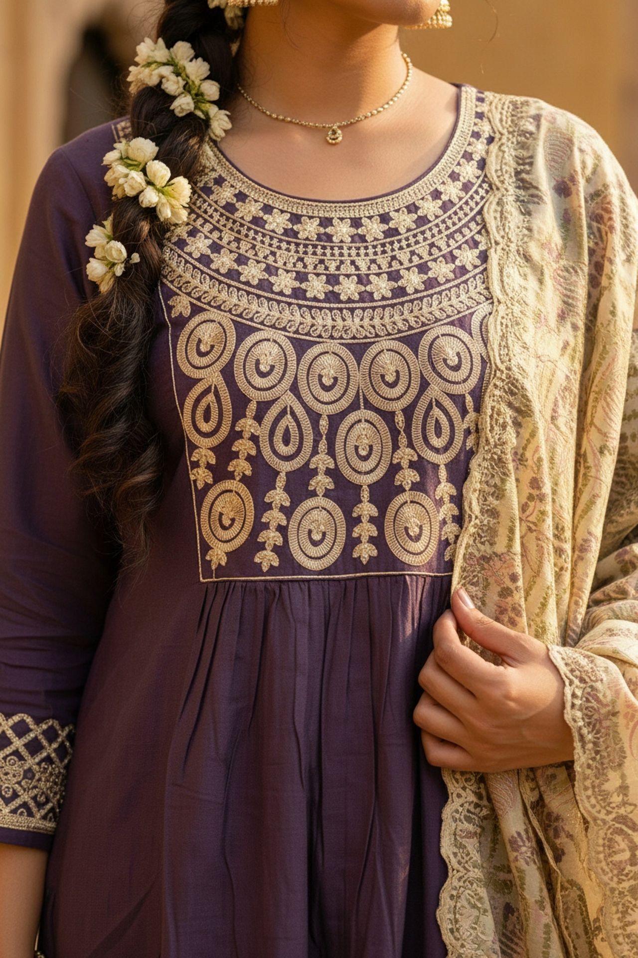 Lavender Embroidered Kurta Set With Tissue Dupatta image 3