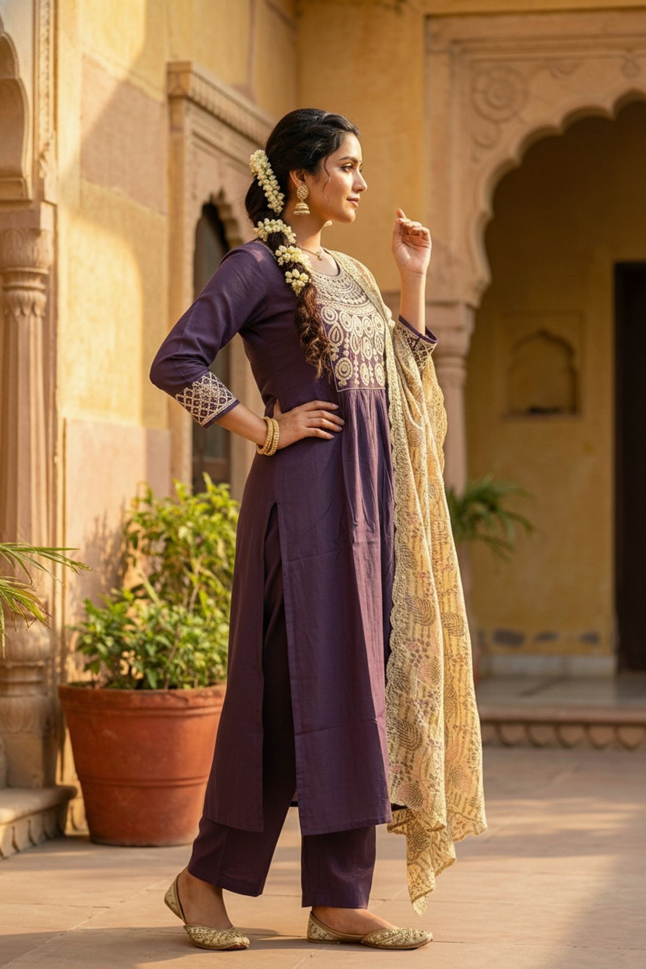 Lavender Embroidered Kurta Set With Tissue Dupatta image 4