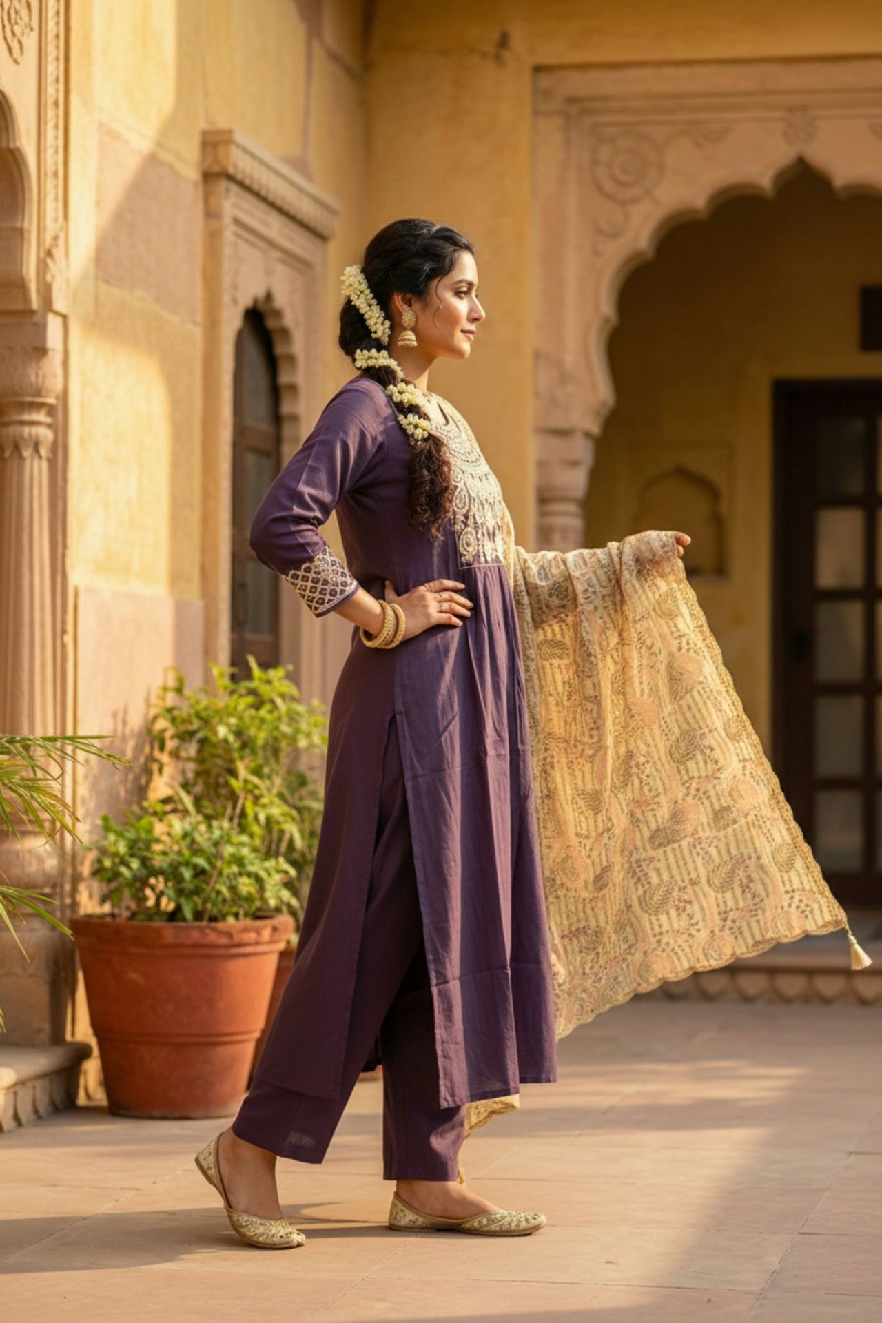 Lavender Embroidered Kurta Set With Tissue Dupatta image 5