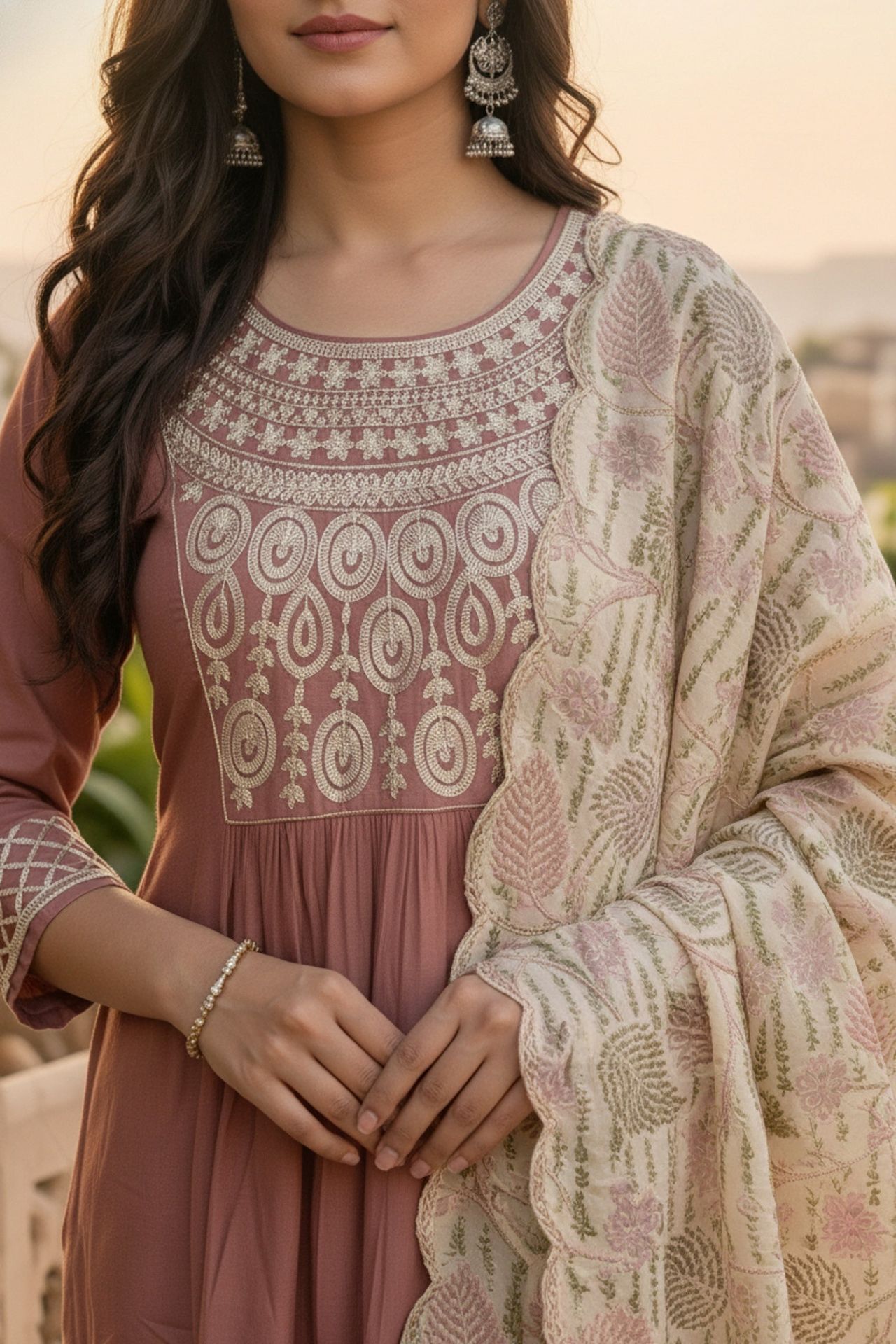 Onion Pink Embroidered Kurta Set With Tissue Silk Dupatta image 3