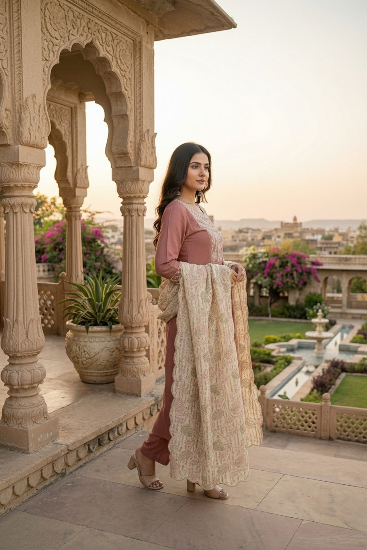 Onion Pink Embroidered Kurta Set With Tissue Silk Dupatta image 4
