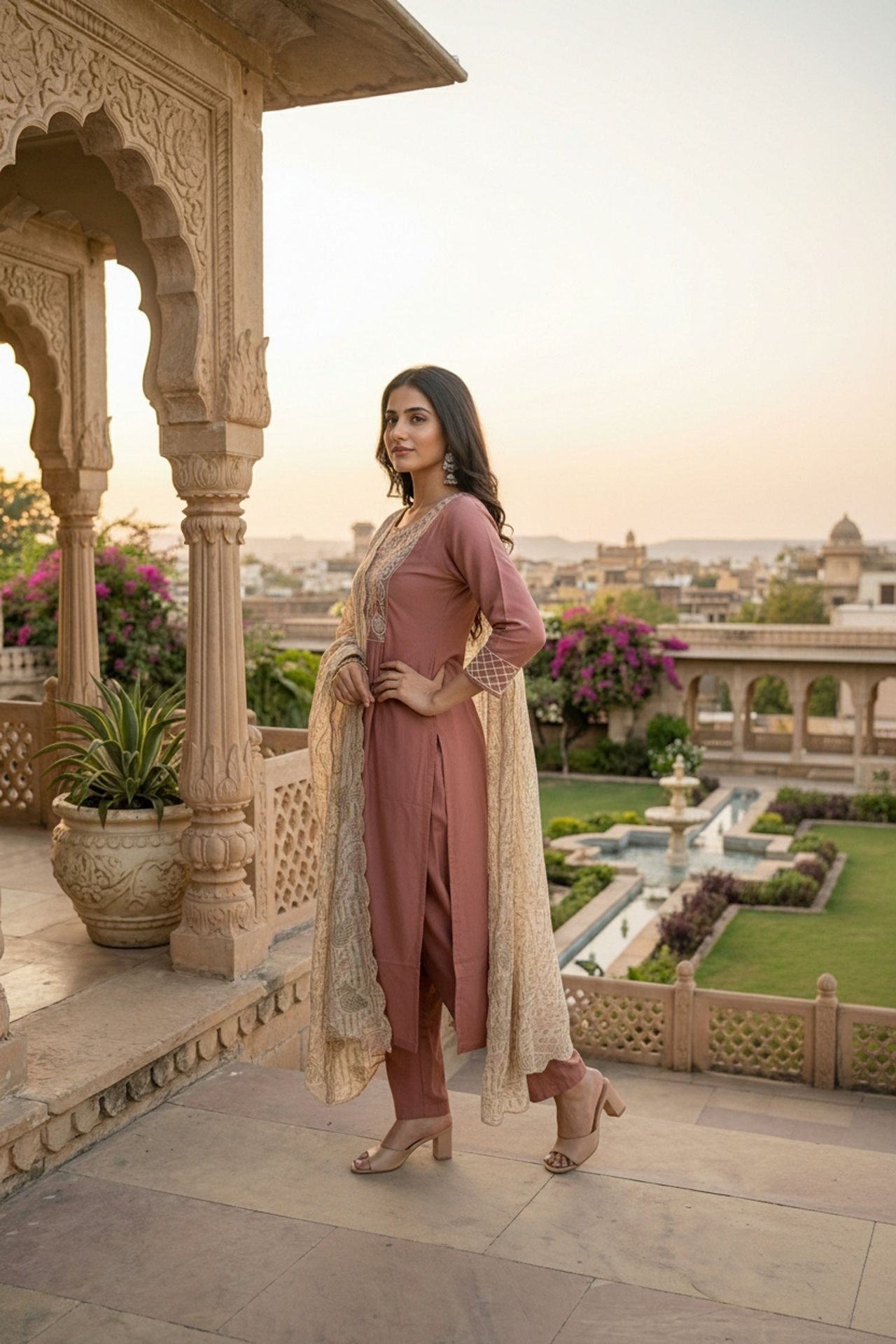 Onion Pink Embroidered Kurta Set With Tissue Silk Dupatta image 5