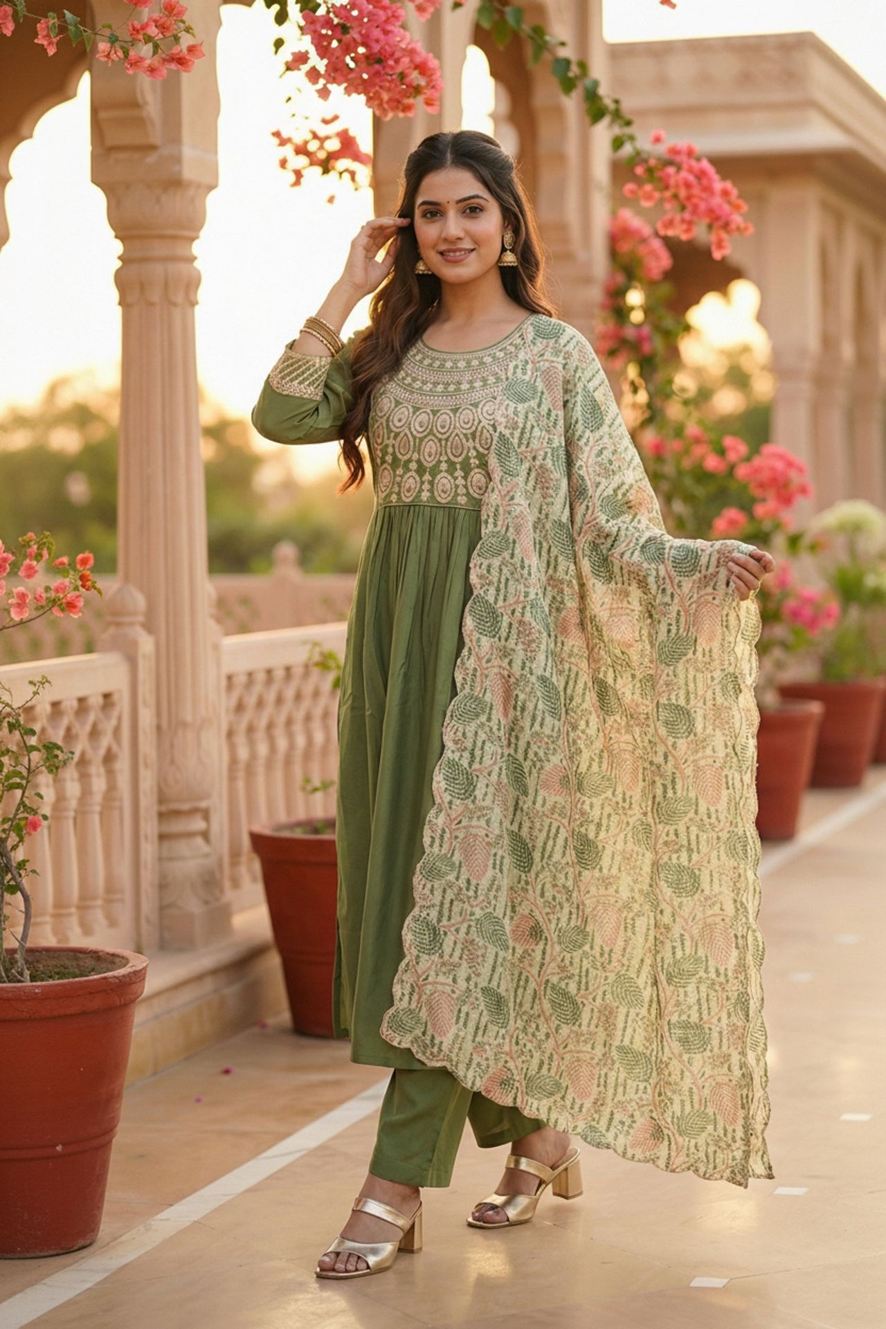 Green Embroidered Kurta Set With Tissue Silk Dupatta