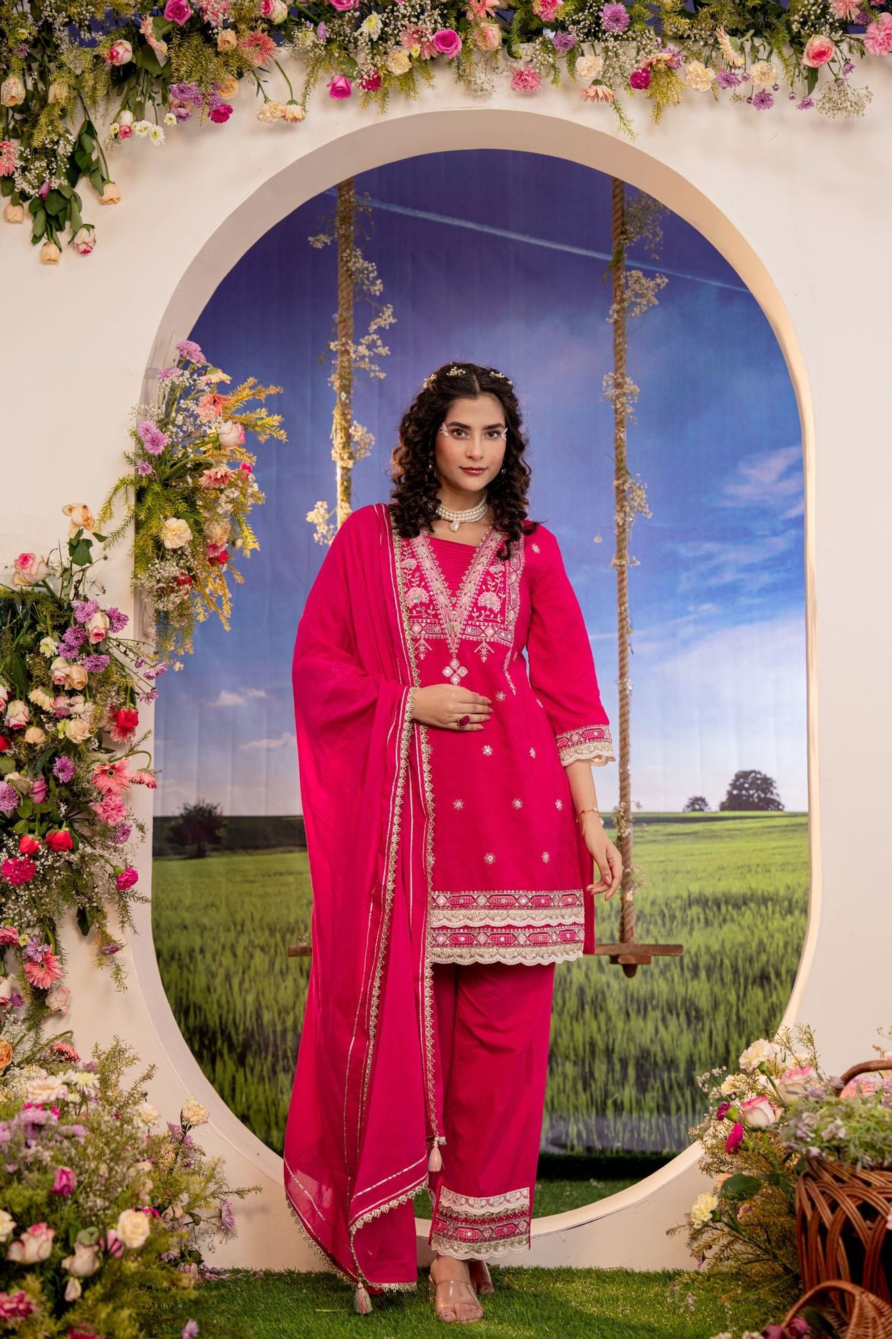 Rani Pink Embroidered Three-piece Suit Set