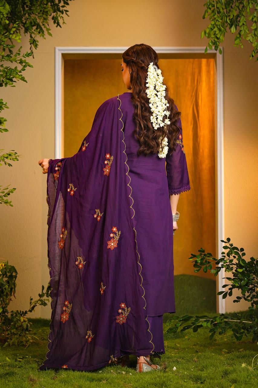 Purple Embroidered Kurta Three-piece Set With Dupatta image 2