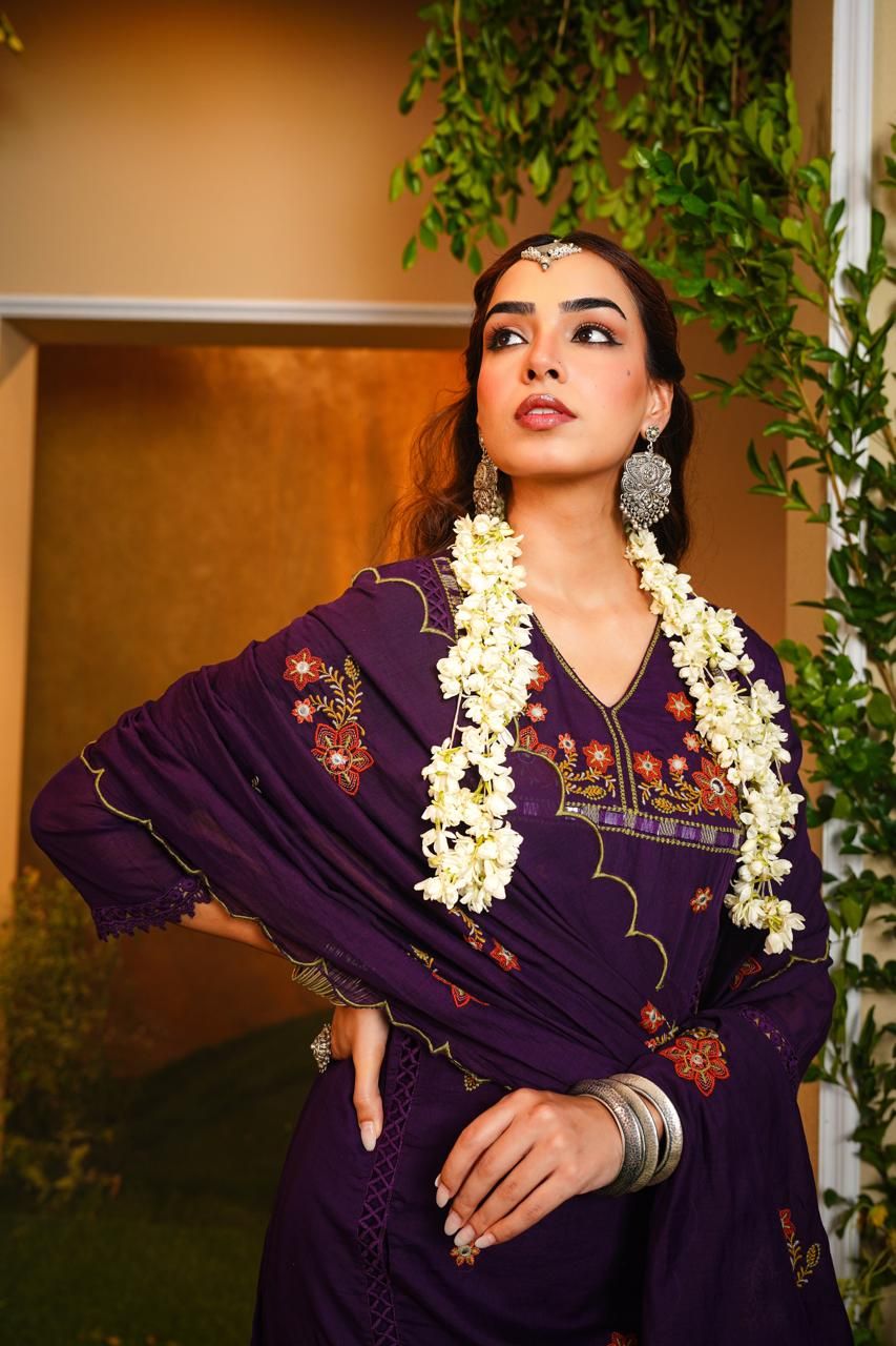 Purple Embroidered Kurta Three-piece Set With Dupatta image 3