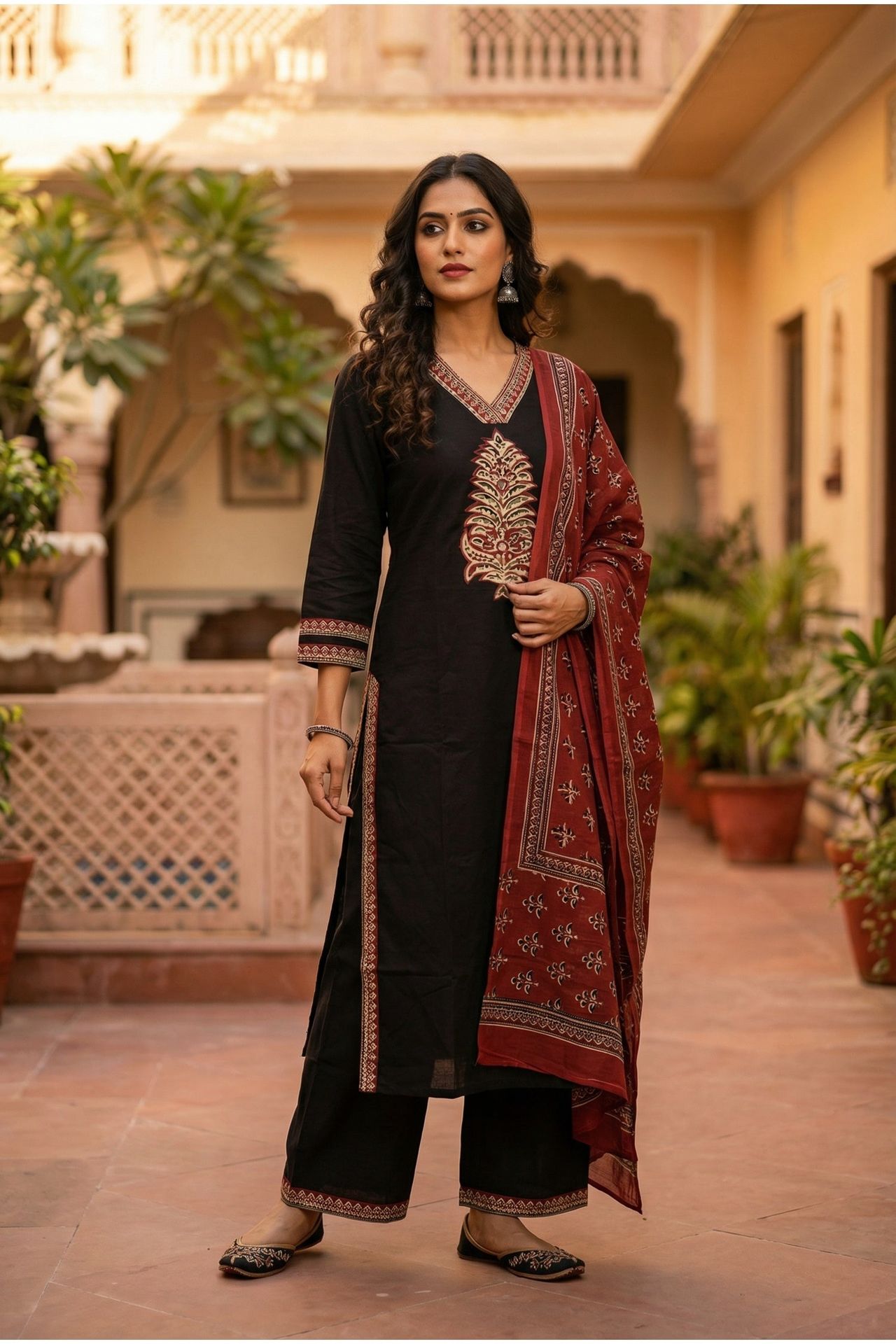 Black Straight-cut Suit Set With Printed Dupatta