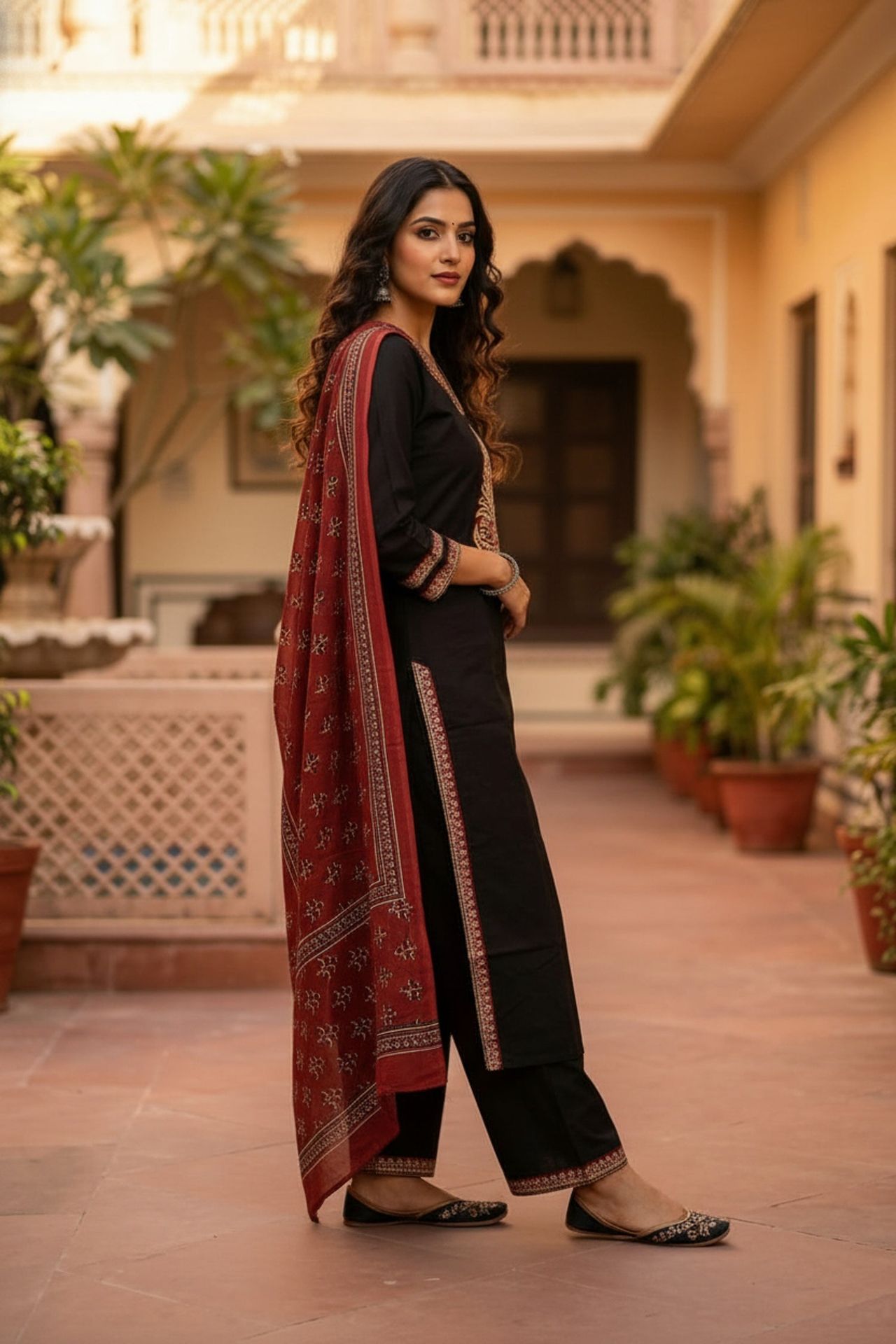 Black Straight-cut Suit Set With Printed Dupatta image 2