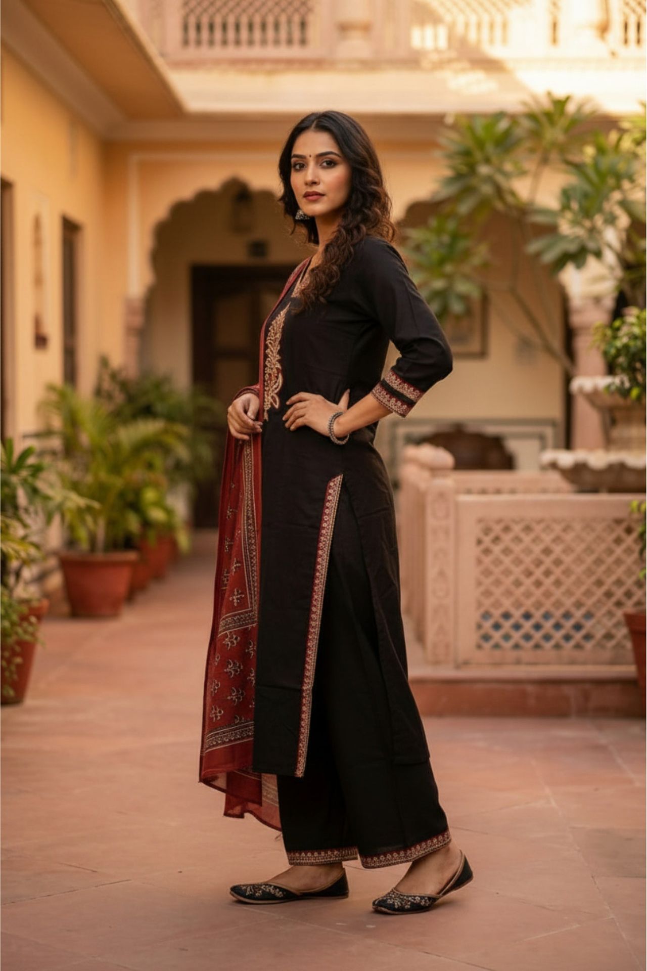 Black Straight-cut Suit Set With Printed Dupatta image 3