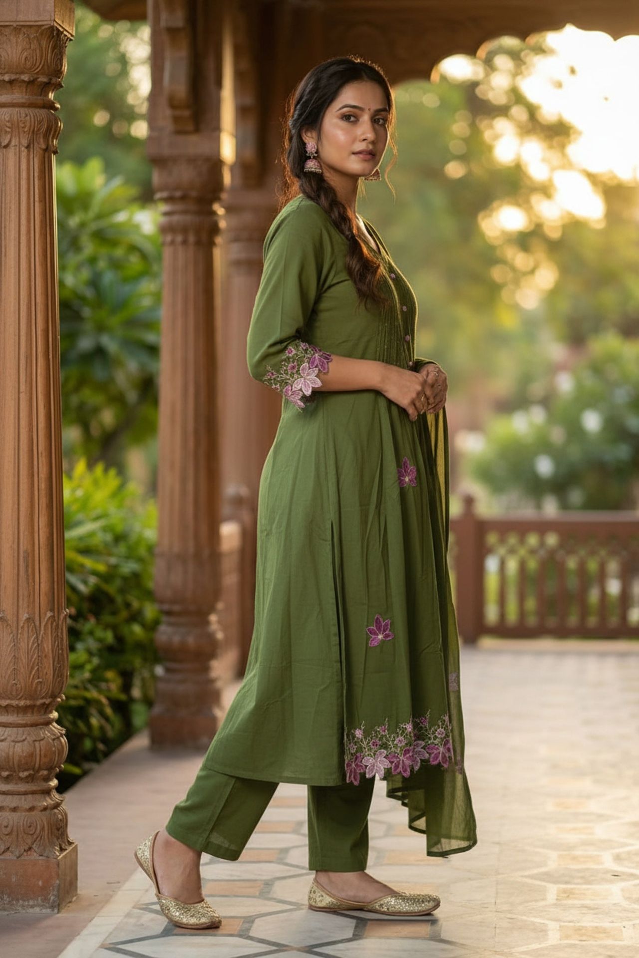 Dark Green Elegance Floral Detail Three Piece Suit image 2