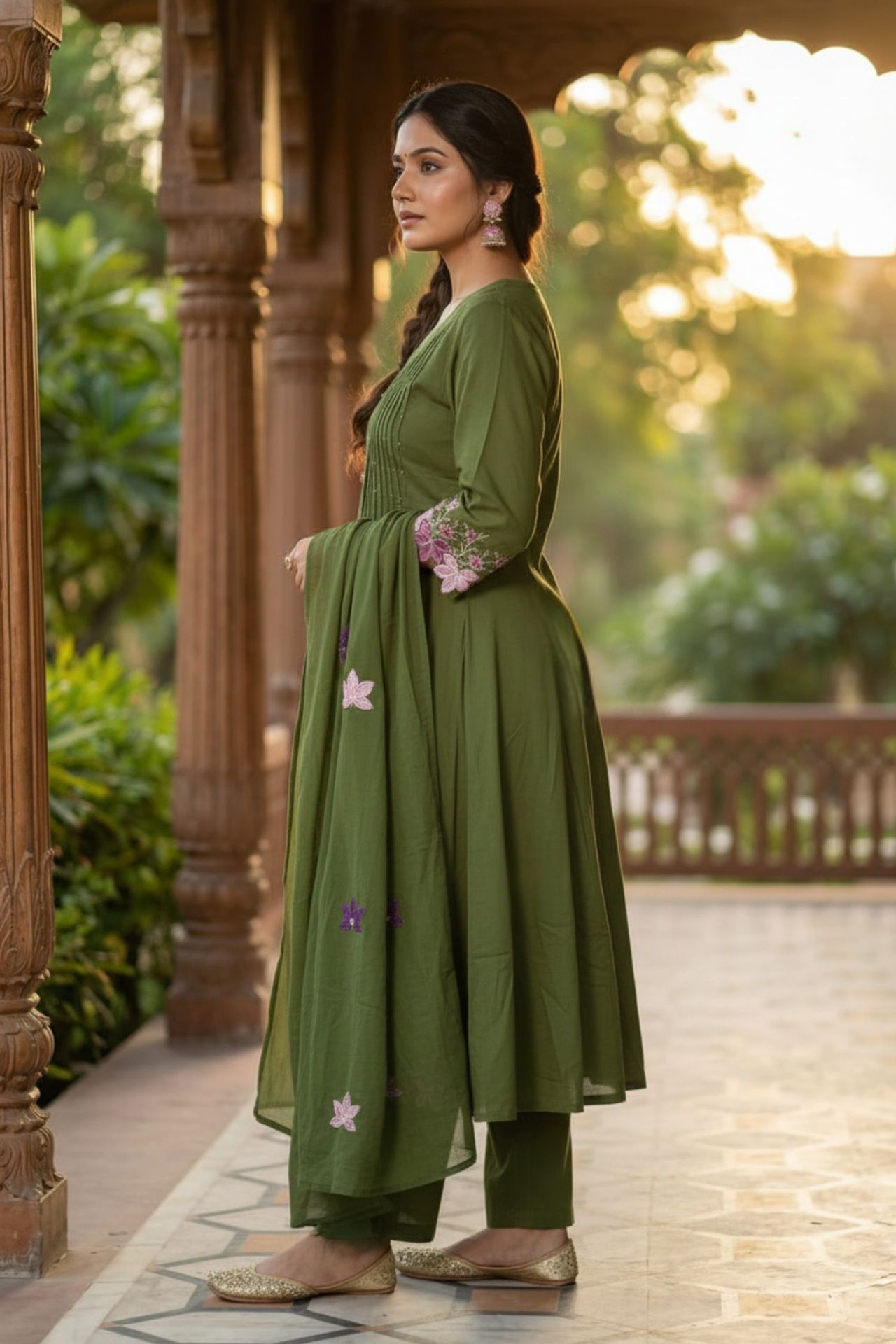 Dark Green Elegance Floral Detail Three Piece Suit image 3