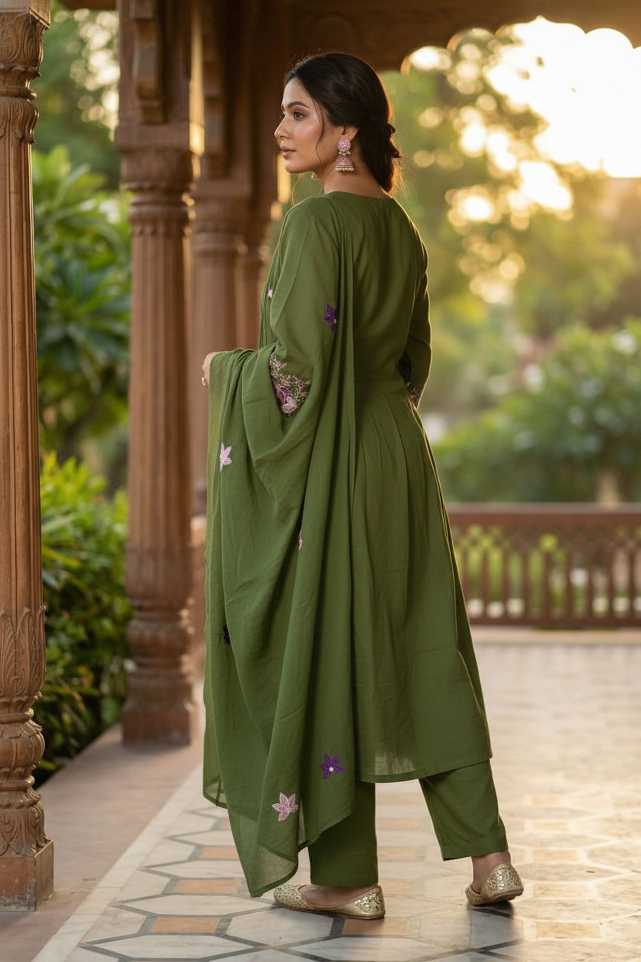 Dark Green Elegance Floral Detail Three Piece Suit image 4