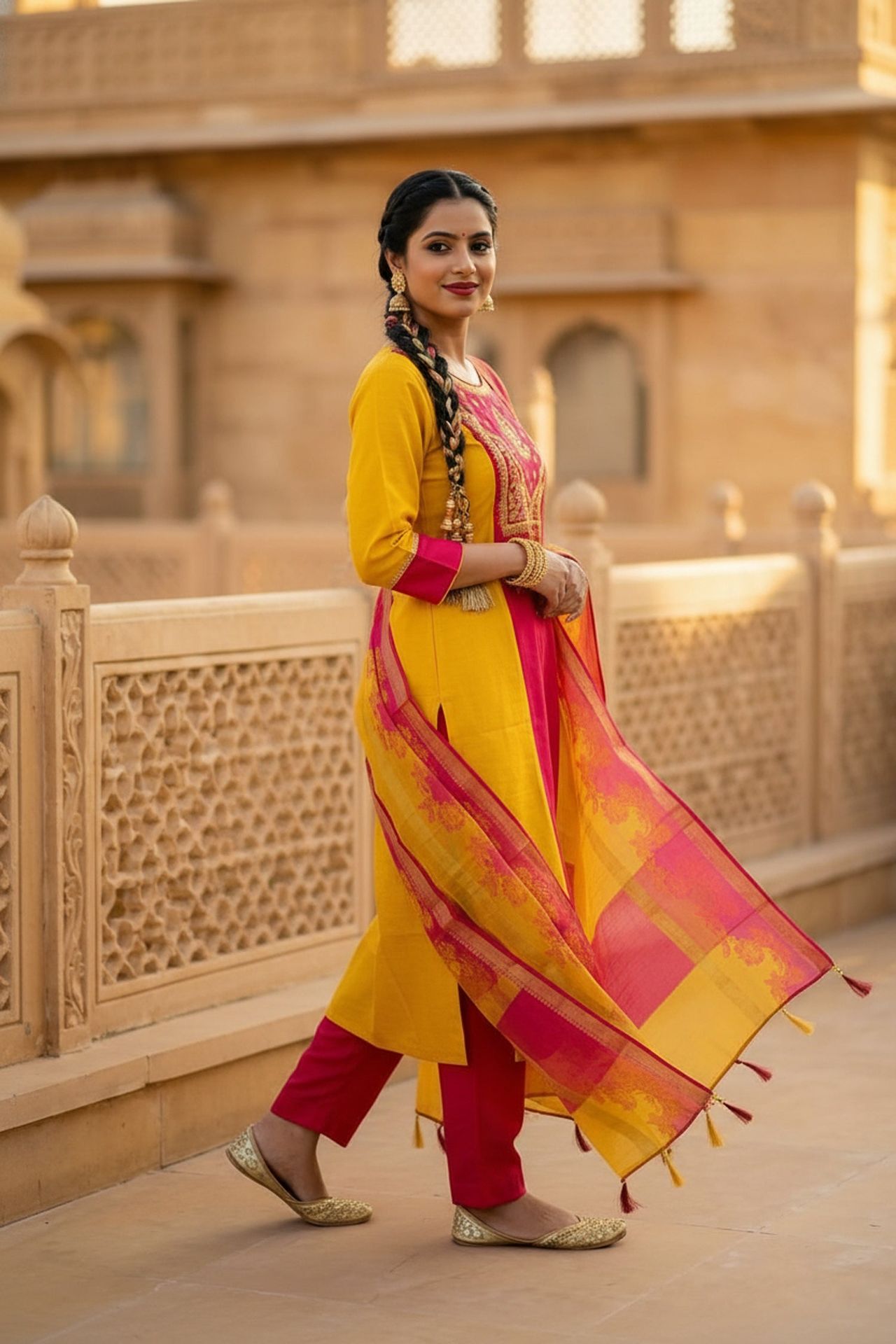 Mustard Straight-cut Embroidered Three Piece Suit Set image 2