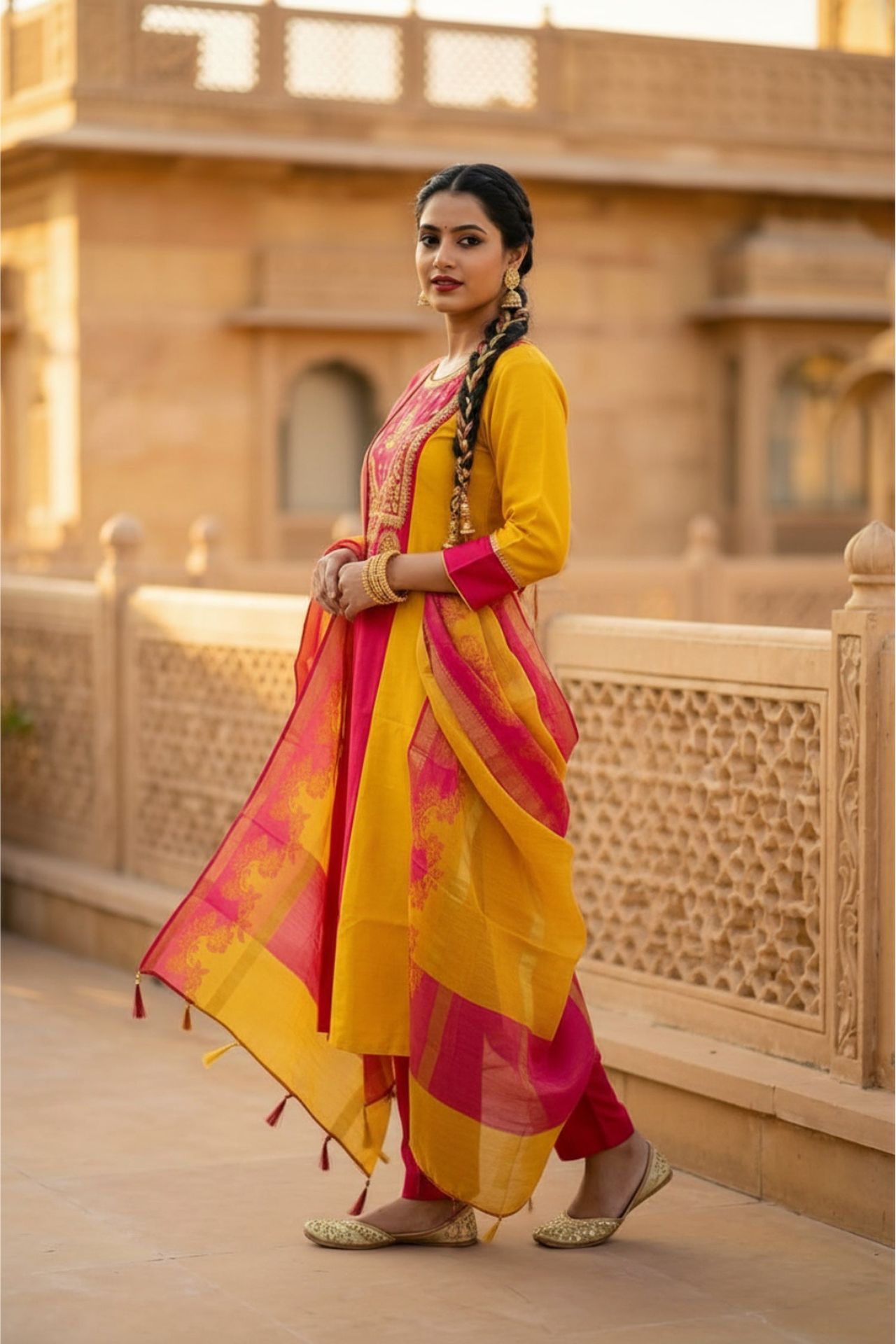 Mustard Straight-cut Embroidered Three Piece Suit Set image 3