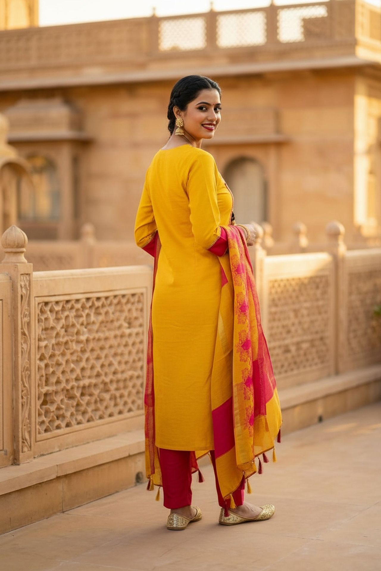 Mustard Straight-cut Embroidered Three Piece Suit Set image 4