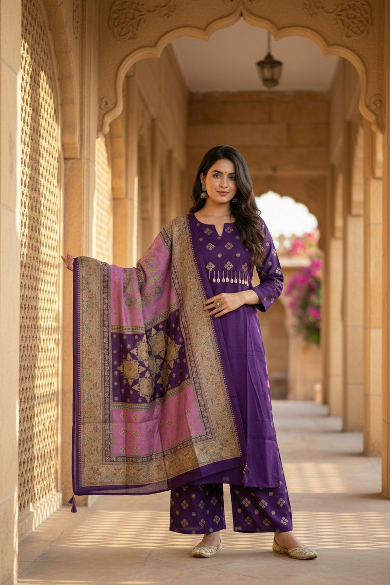 Purple Royale Straight-cut Embroidered Three Piece Suit Set