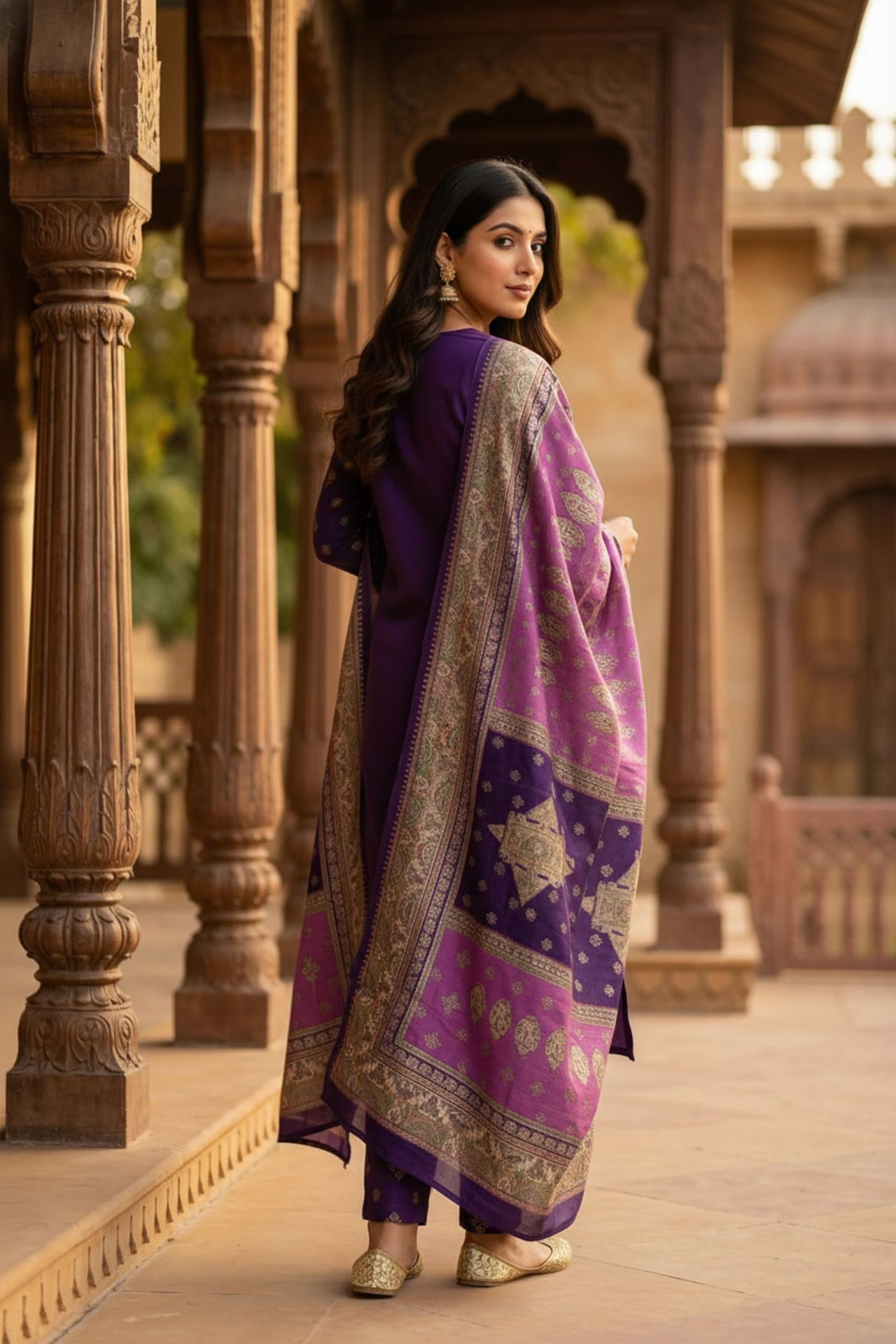 Purple Royale Straight-cut Embroidered Three Piece Suit Set image 2
