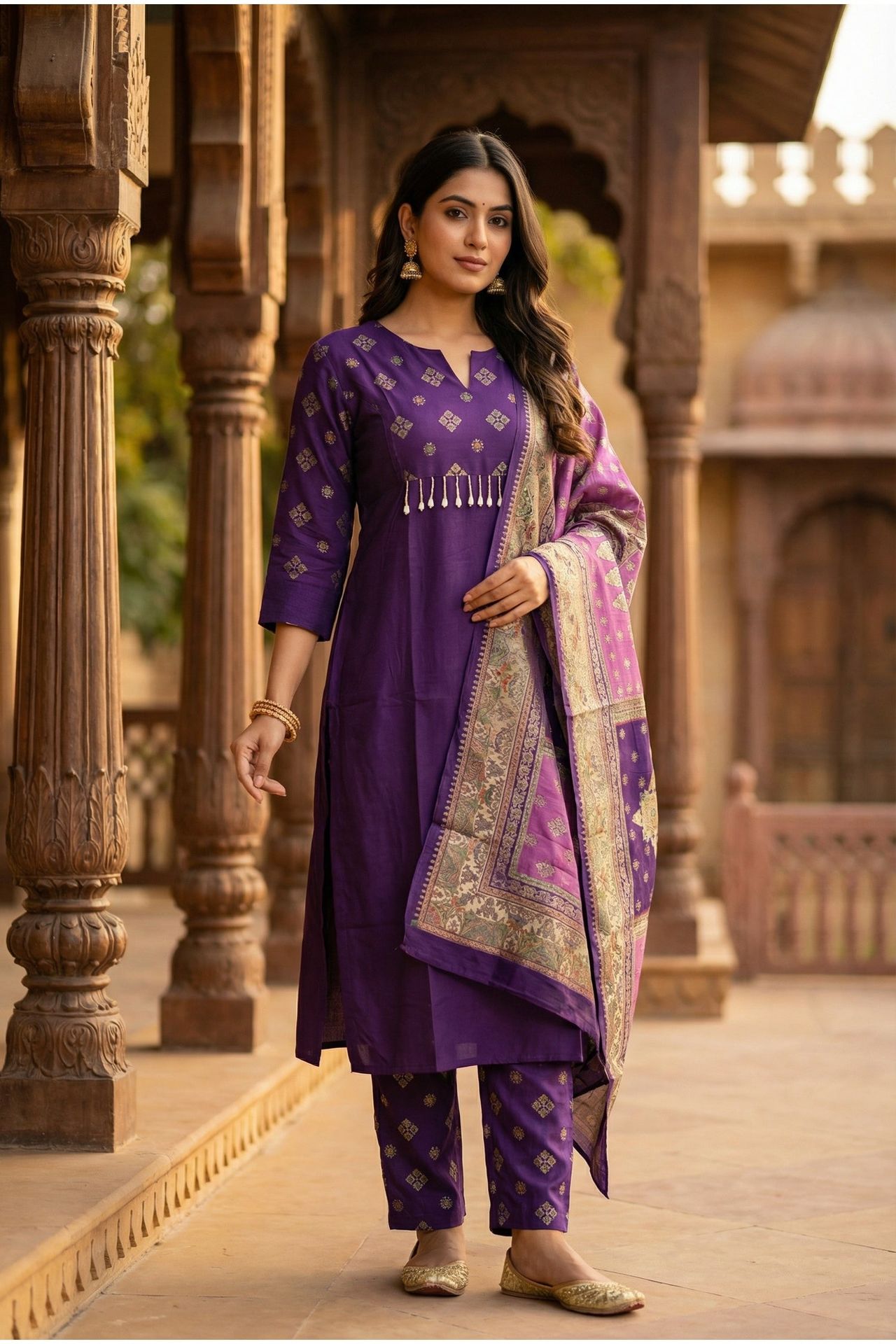 Purple Royale Straight-cut Embroidered Three Piece Suit Set image 3