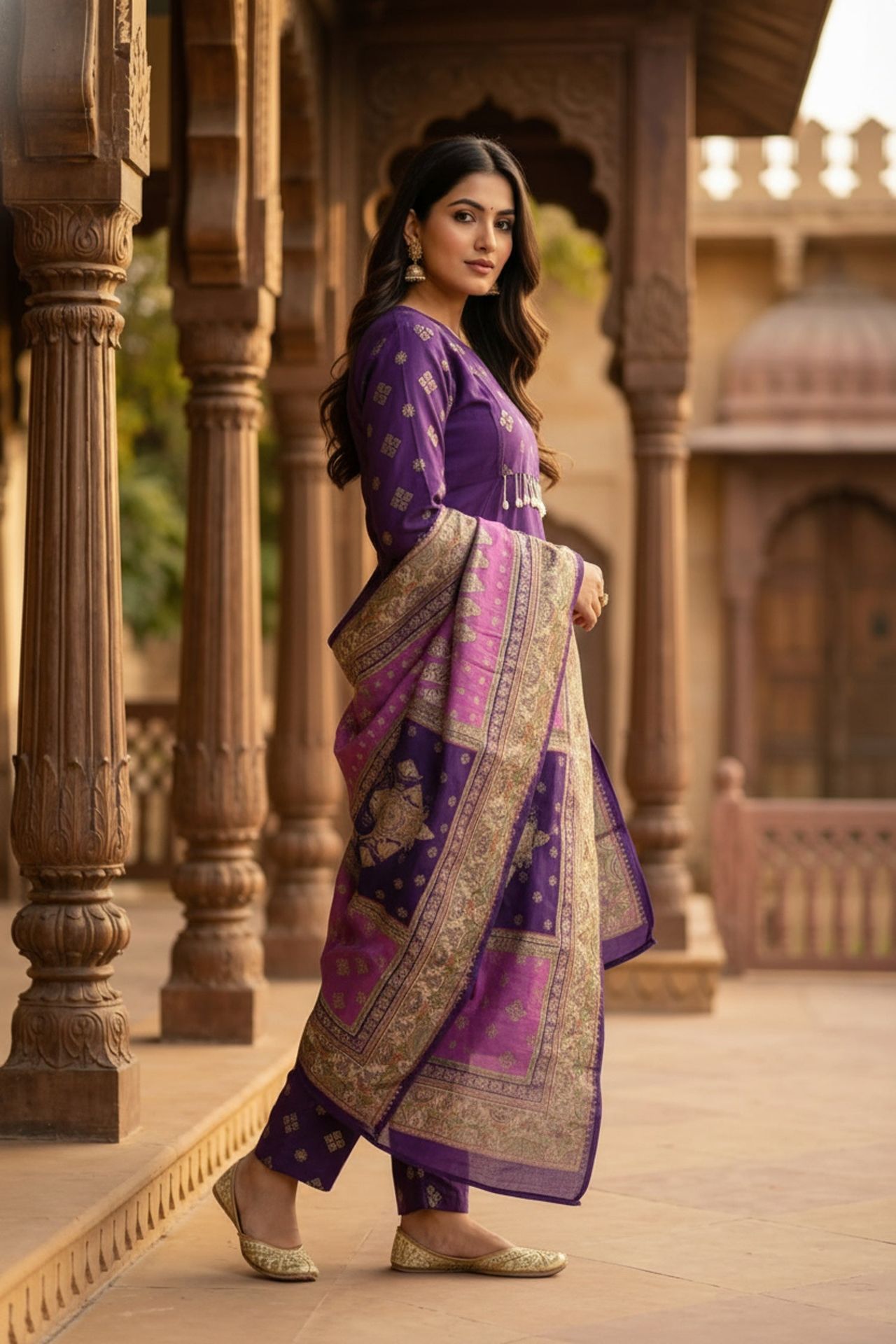 Purple Royale Straight-cut Embroidered Three Piece Suit Set image 4