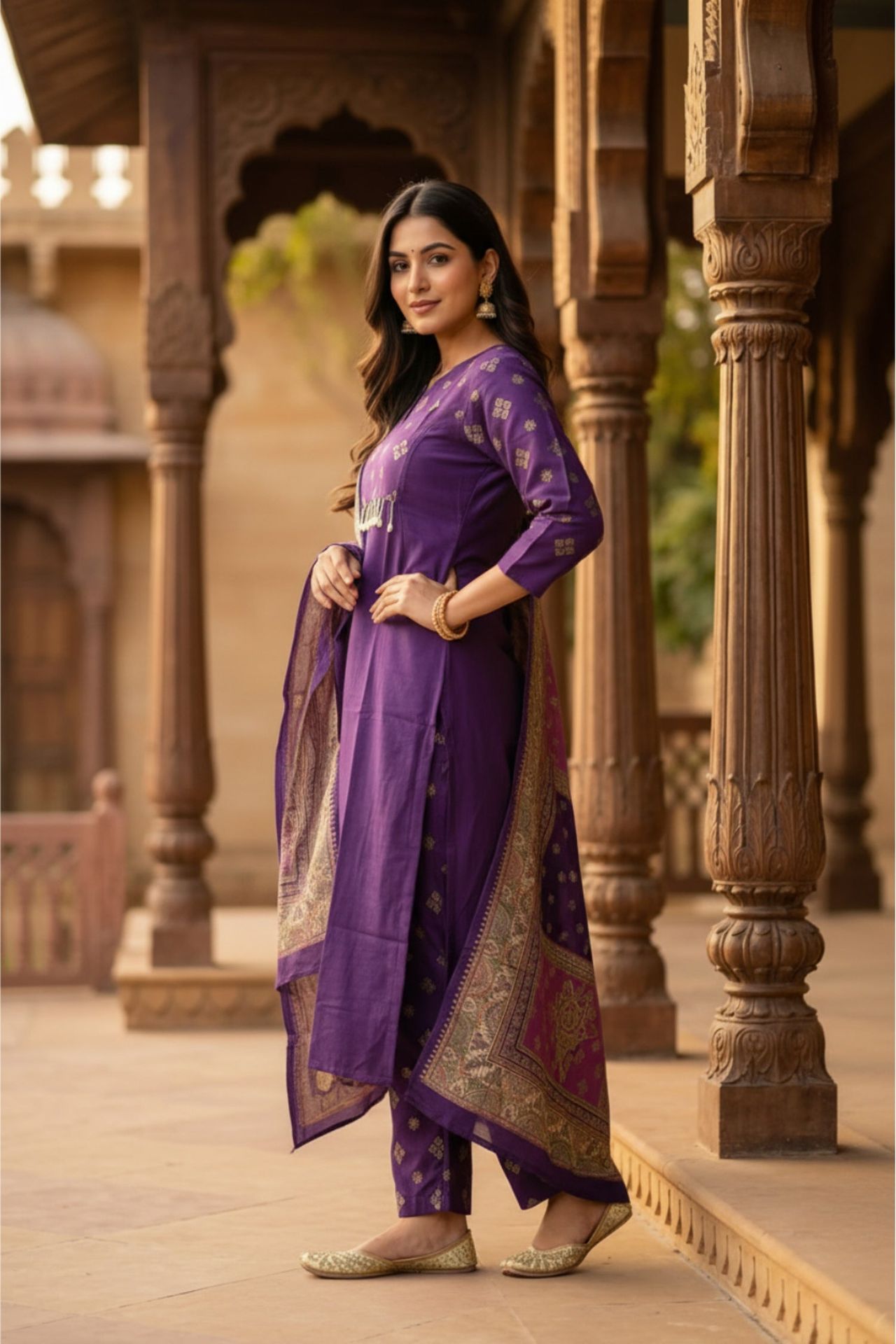 Purple Royale Straight-cut Embroidered Three Piece Suit Set image 5