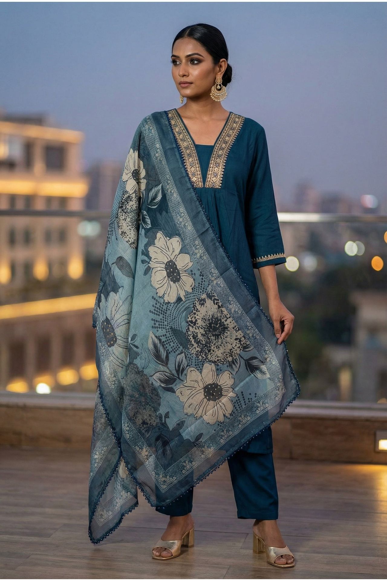 Royal Navy Straight-cut Suit With Printed Dupatta